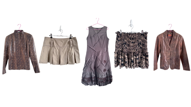 different Y2K clothing items with neutral colours