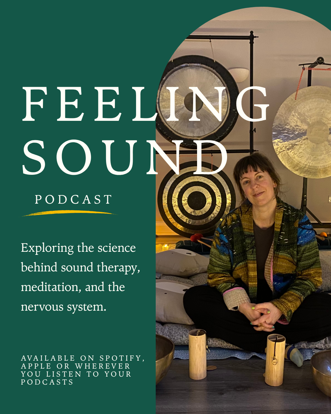 Clare Savory hosting the Feeling Sound Podcast about sound therapy, meditation and nervous system wellbeing.