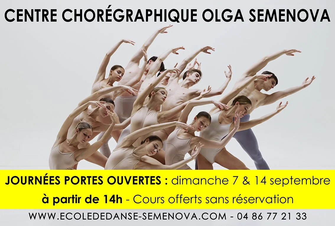 Affiche promotionnelle pour le centre chorégraphique Olga Semenova avec une photo de plusieurs danseurs en positions de ballet
