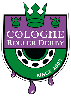 Cologne Roller Derby Logo in Lila und Grün mit weißer Schrift