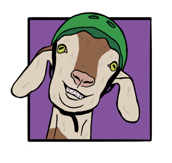 Zeichnung eines Ziegenkopfs mit grünem Helm auf lila Hintergrund.