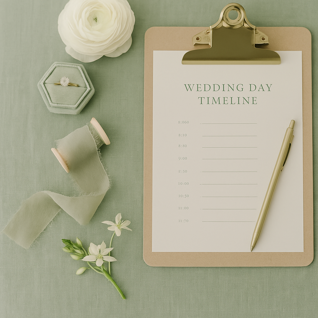 Wedding day timeline clipboard with pen, surrounded by a white flower, a gold ring in a hexagonal box, a spool of green ribbon, and a small white flower on green fabric.