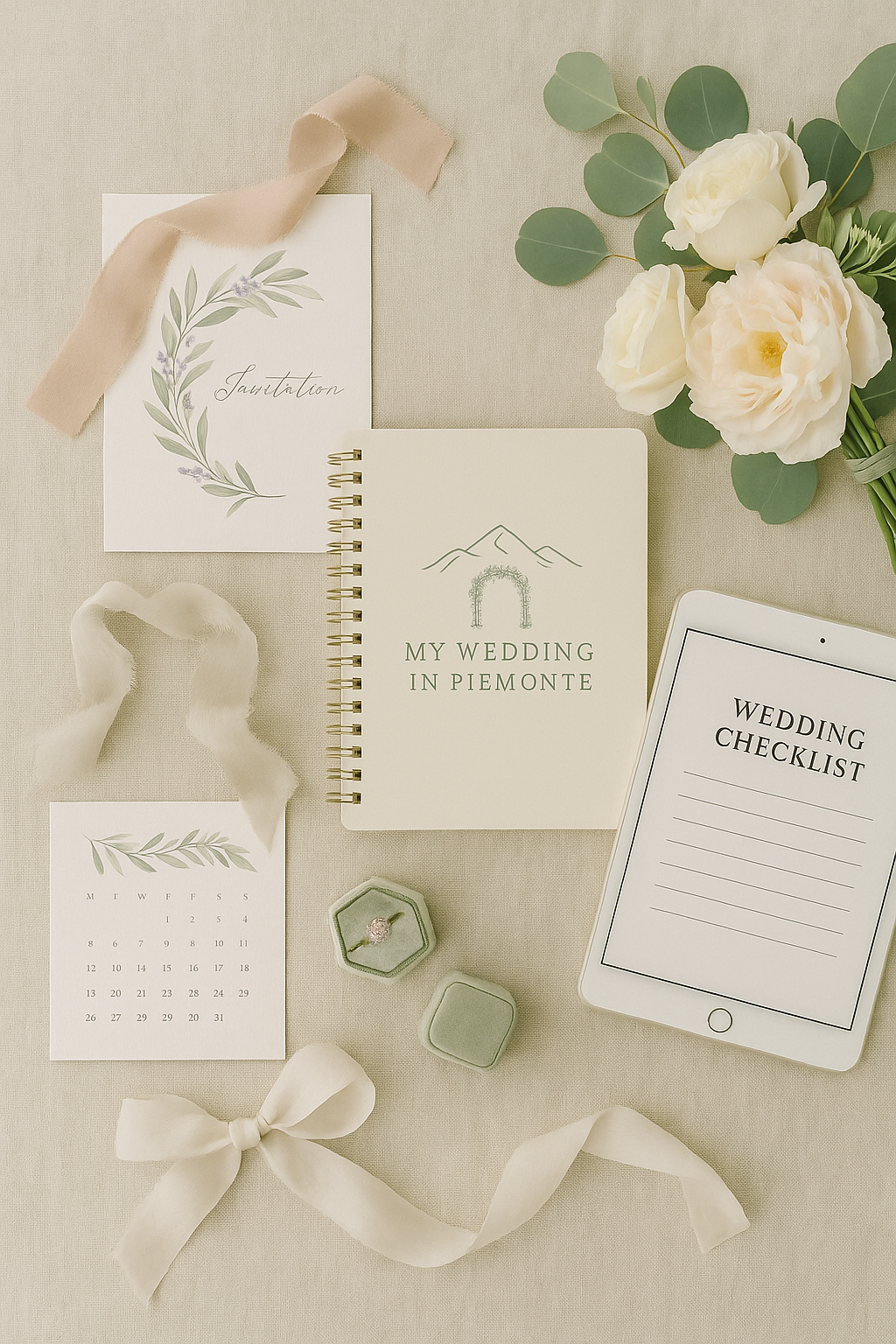 Wedding planning items arranged on a beige fabric: a book titled 'My Wedding in Piemonte', a wedding checklist on a tablet, a wedding invitation with a lavender wreath, a calendar with green foliage, a ring in a green velvet ring box, and white flowers with green leaves, all accented with cream ribbons.