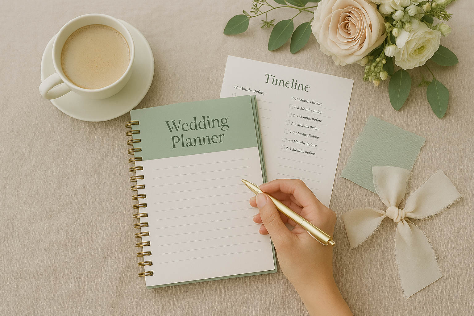 A wedding planner notebook, a checklist, a cup of coffee, a bouquet of white flowers, a fabric swatch with a bow, and a timeline sheet on a beige table.