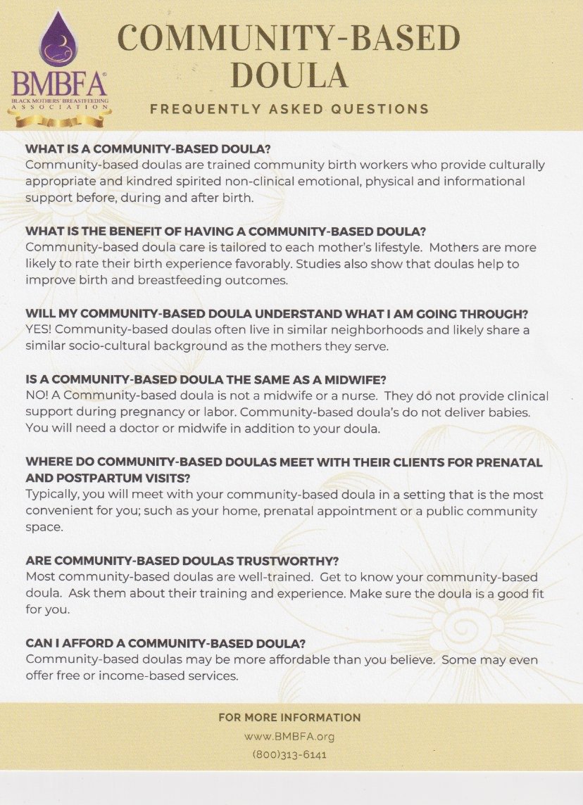 A flyer about Community-Based Doula FAQs