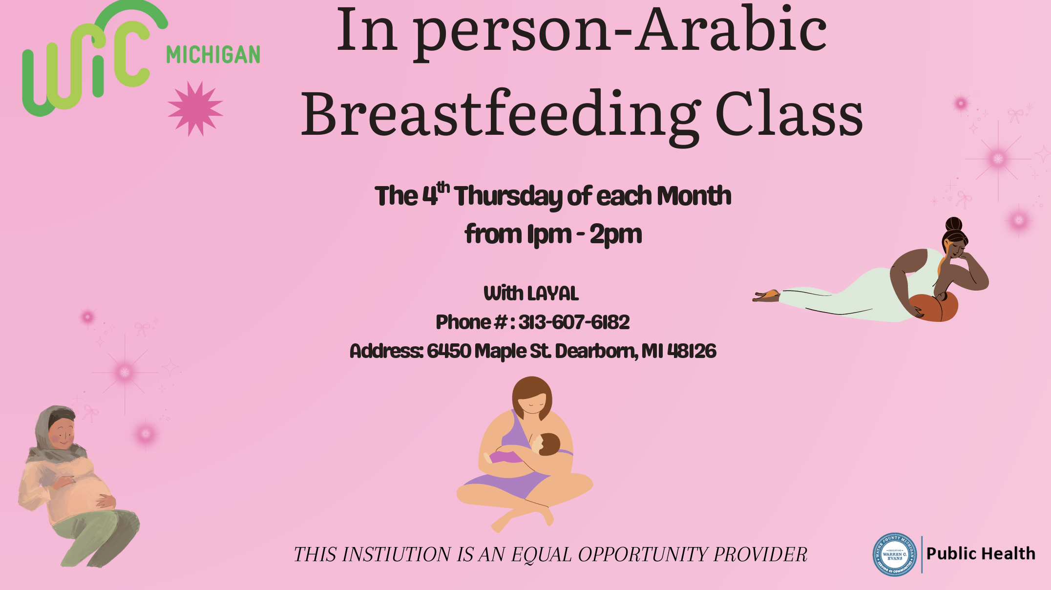 A pink flyer for an in-person breastfeeding class