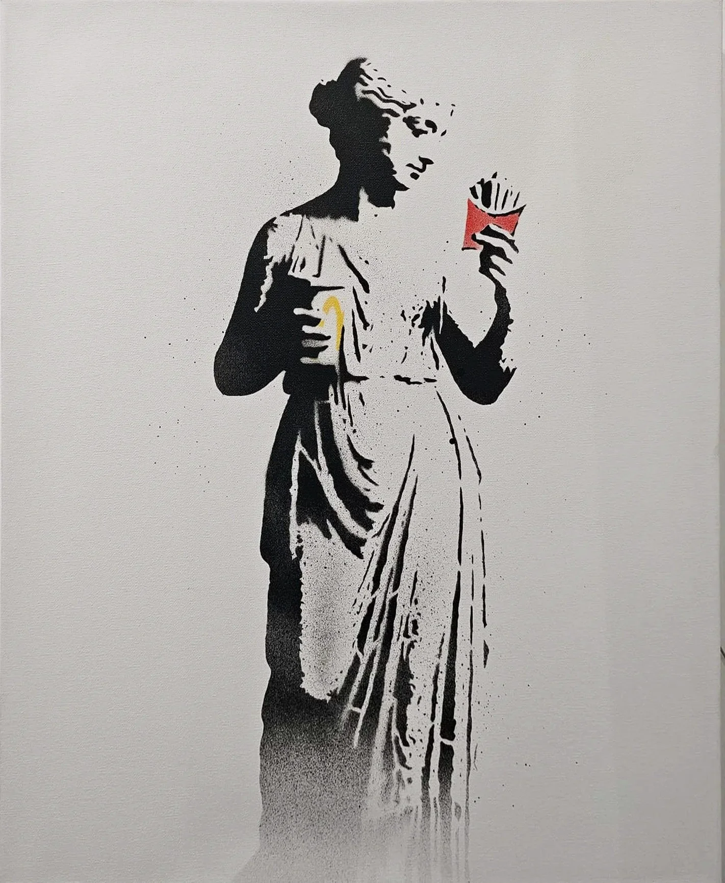 Silhouette stencil art of a woman in a dress holding a book in one hand and a lipstick in the other, examining a mirror.