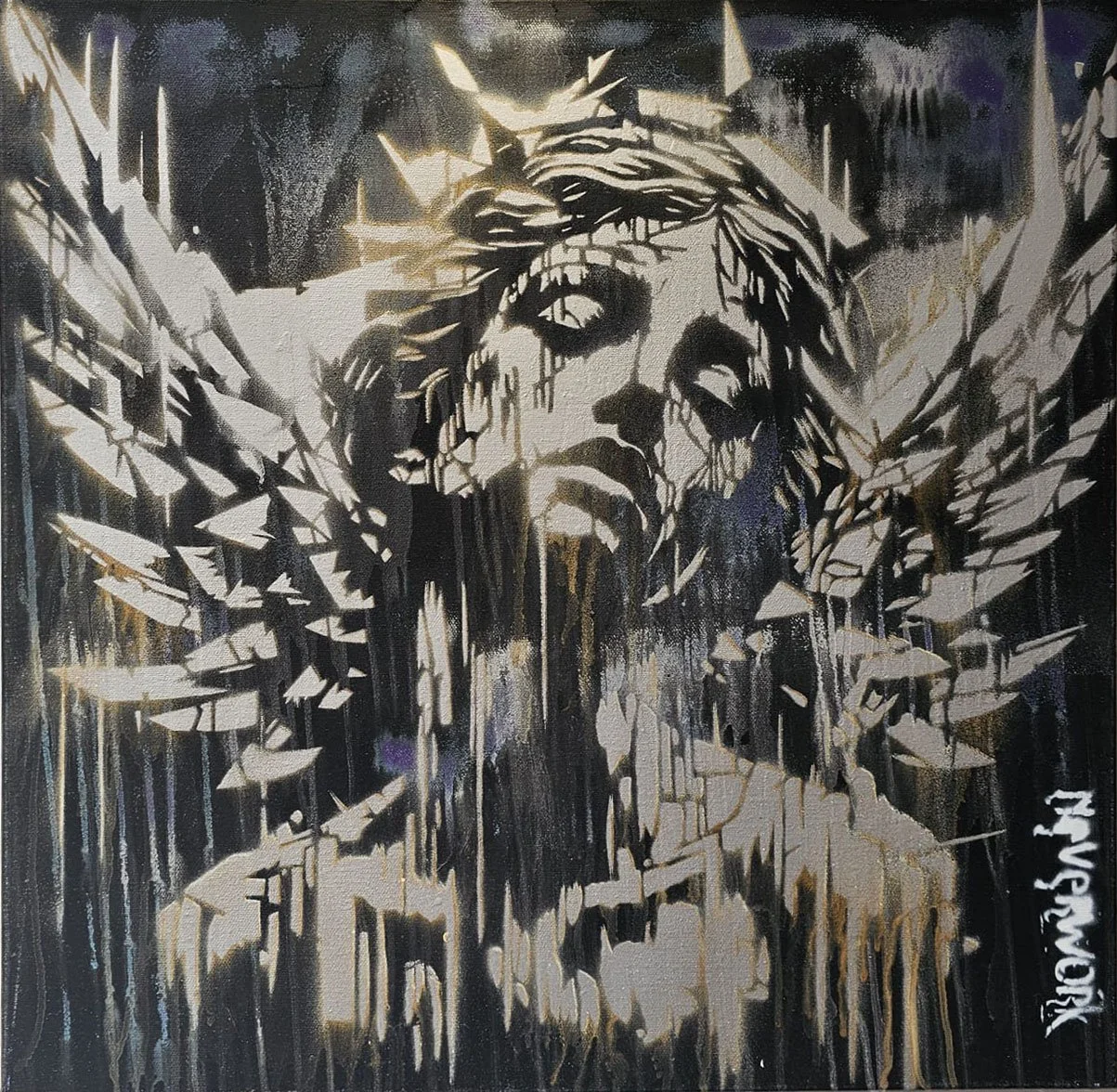Graffiti art of a crying Jesus Christ with a crown of thorns, with wings and abstract elements, signed 'J. Noorman' at the bottom right.