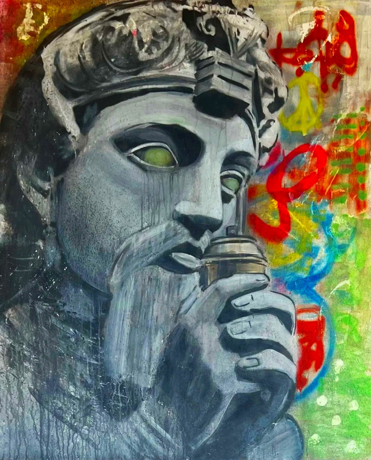 Graffiti of a monochrome portrait of a man with a beard, holding a drinking glass and smoking a pipe, with colorful spray paint in the background.