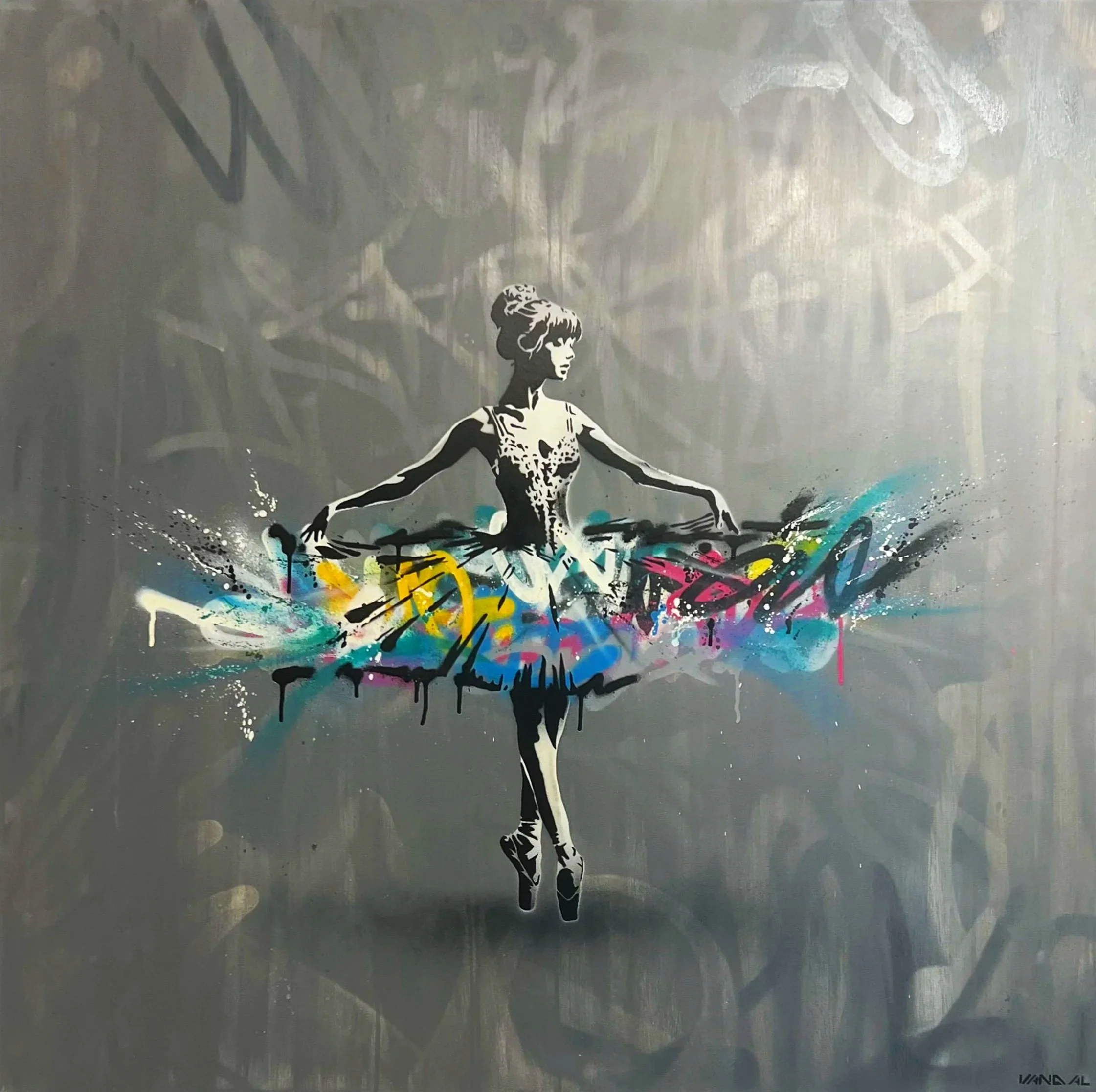 Street art graffiti of a ballerina with arms extended, painted in black and white, with a colorful spray paint splash around her waist on a grey wall.