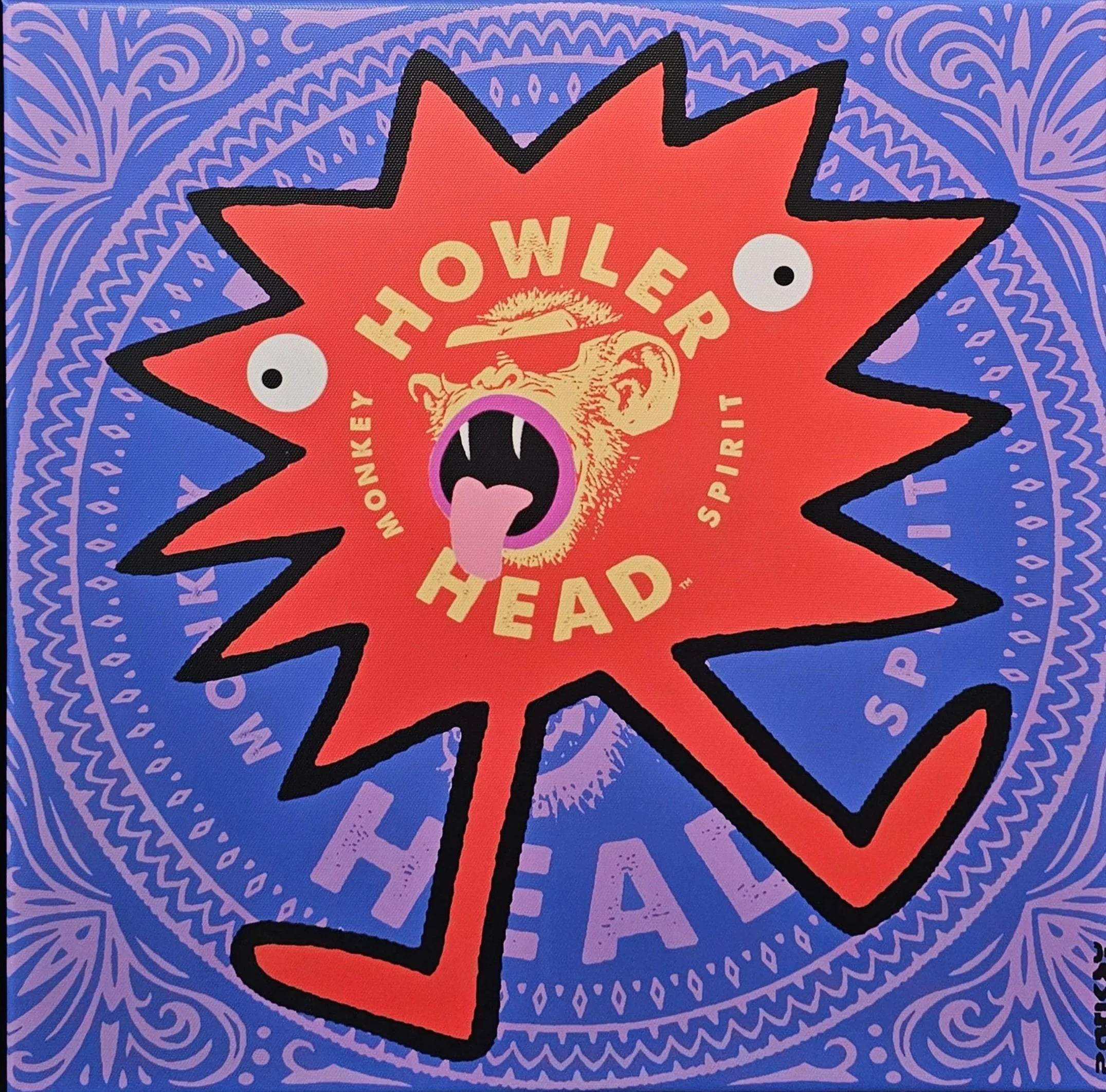 Colorful graphic with a cartoon bear's head wearing sunglasses, tongue out, inside a red starburst shape with black outline. The text surrounding the bear reads 'Monkey Howler Head Spirit' in a circular pattern. The background features a purple intricate design.