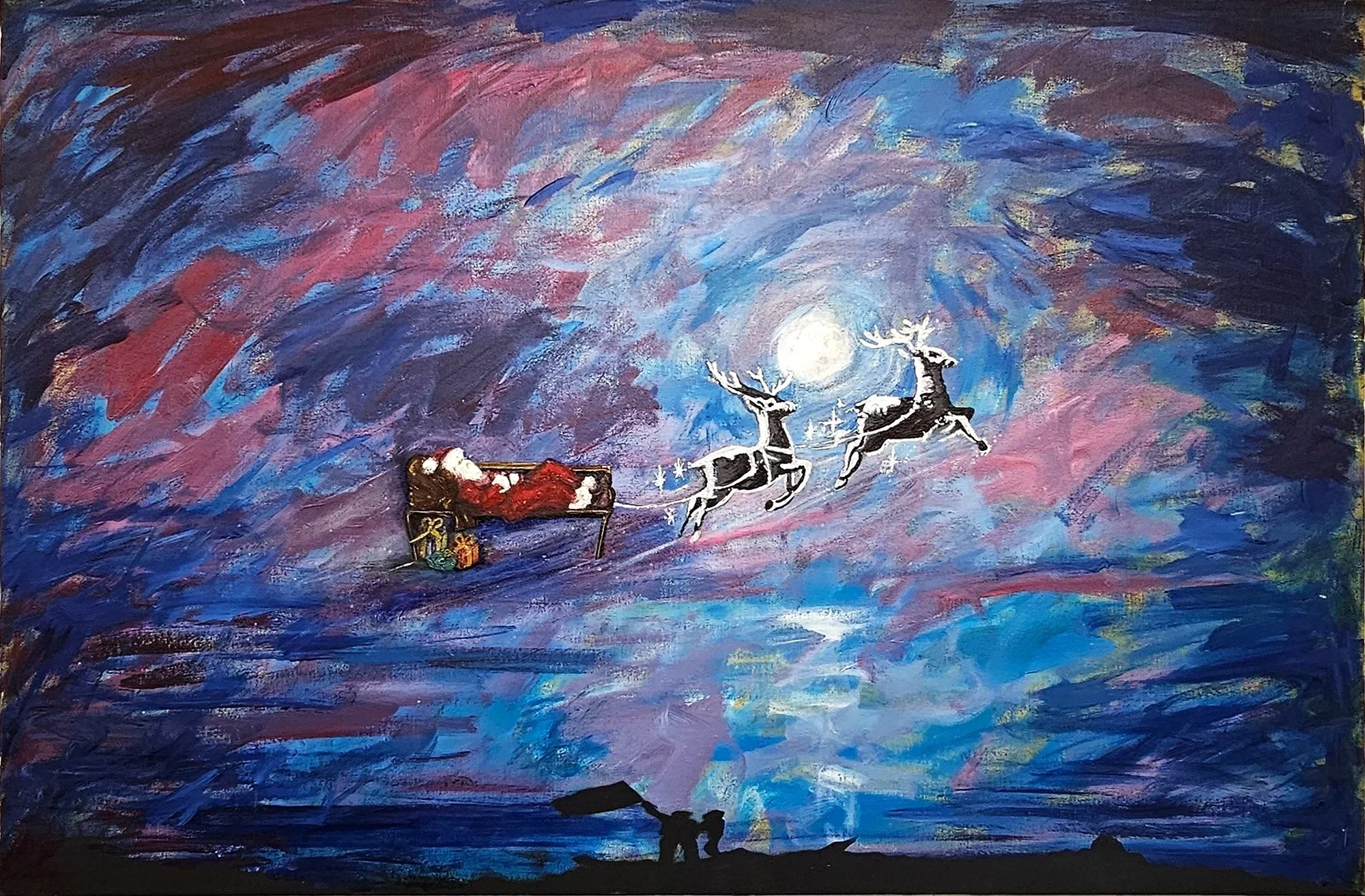 A colorful painting of Santa Claus sleeping on a bed with presents next to him, two reindeers flying through a moonlit, starry sky, and a couple sitting on the ground watching the scene.