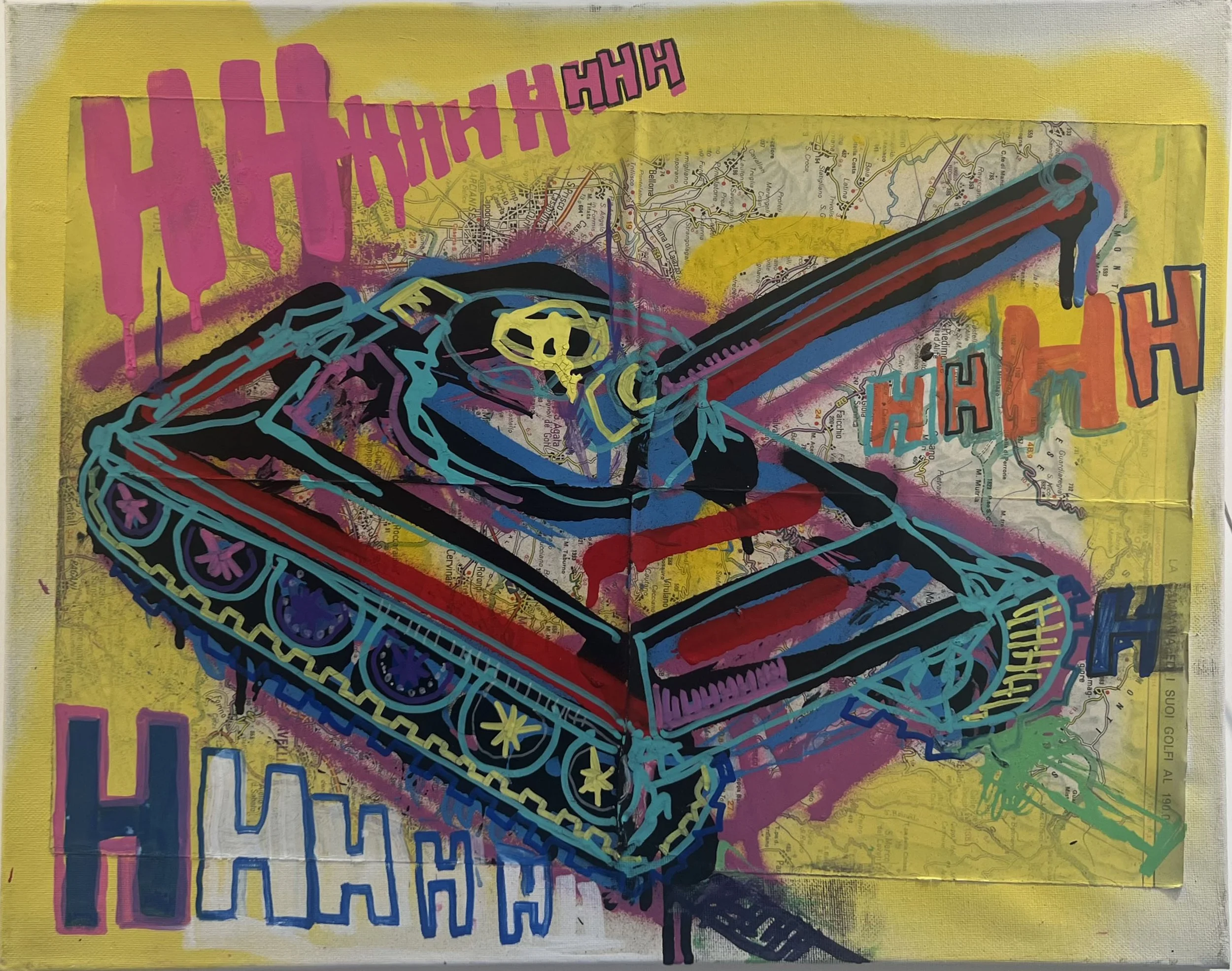 Colorful graffiti-style artwork depicting a tank with vibrant outlines, set against a yellow background with scattered 'H' letters and a faint map or street layout beneath.