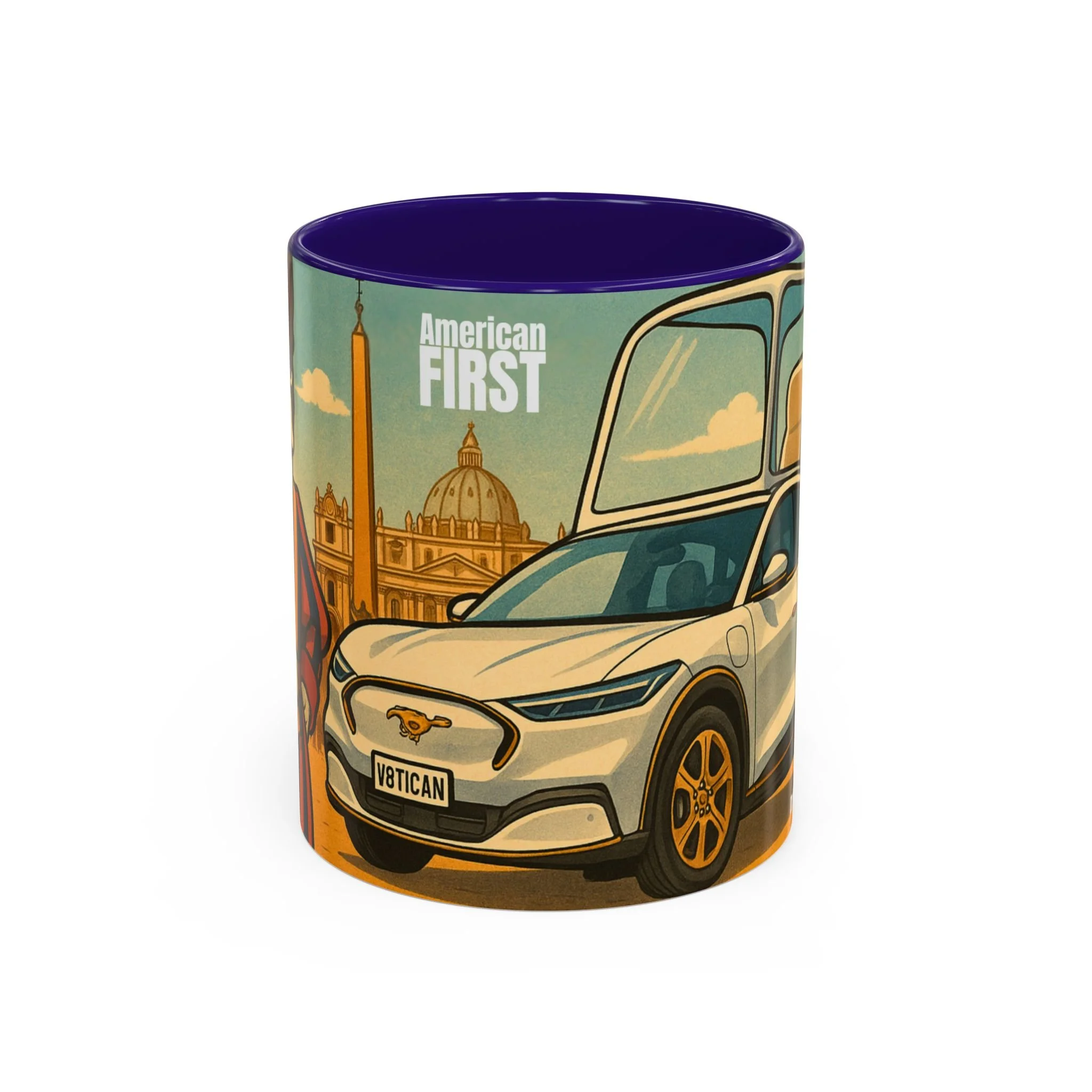 Front view of American First ceramic Mustang mug featuring Pope Leo XIV’s electric Mustang Mach-E in a playful, satirical setting.