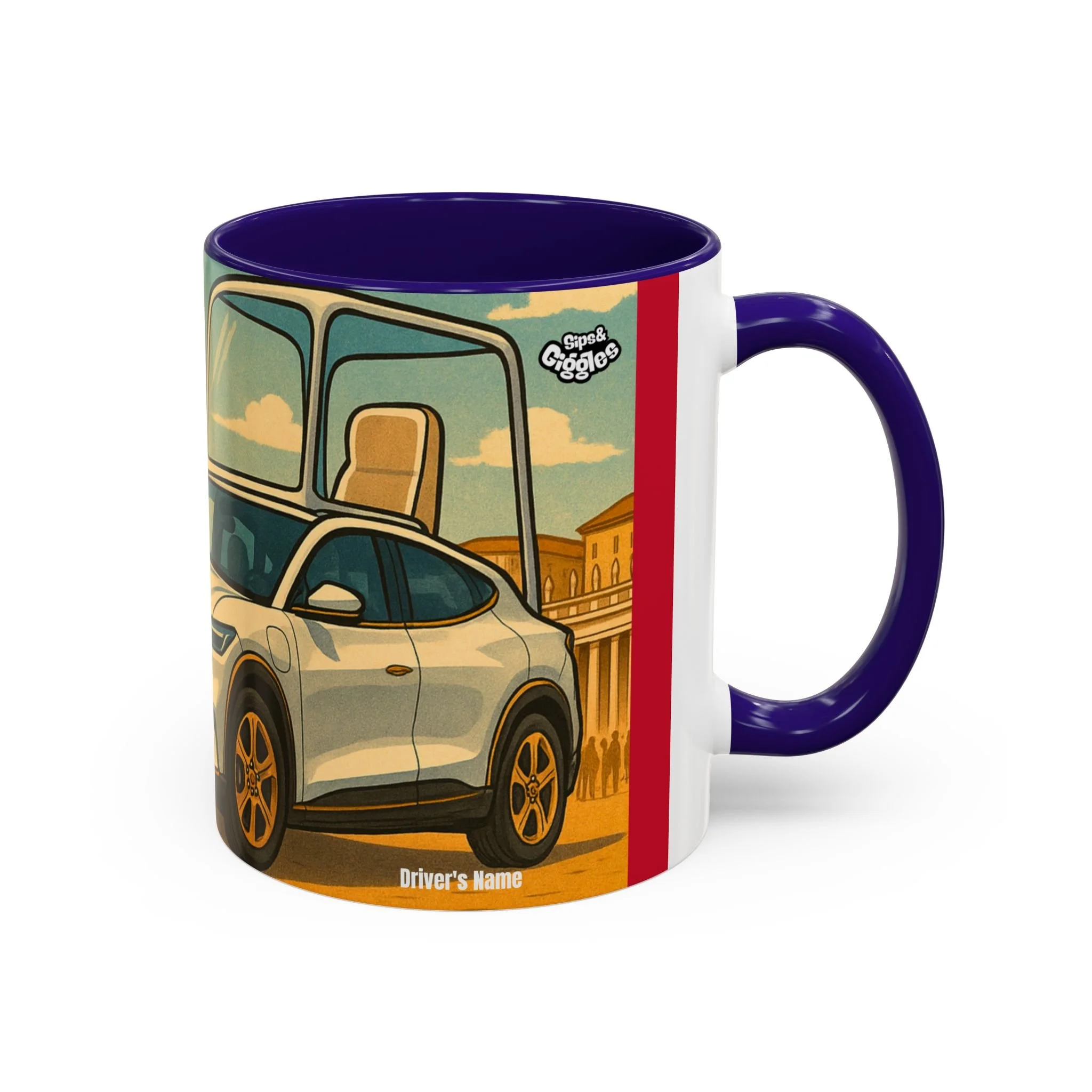 American First Mustang ceramic mug featuring Pope Leo XIV’s satirical electric Mach-E 'V8TICAN'—perfect humorous gift for car enthusiasts.