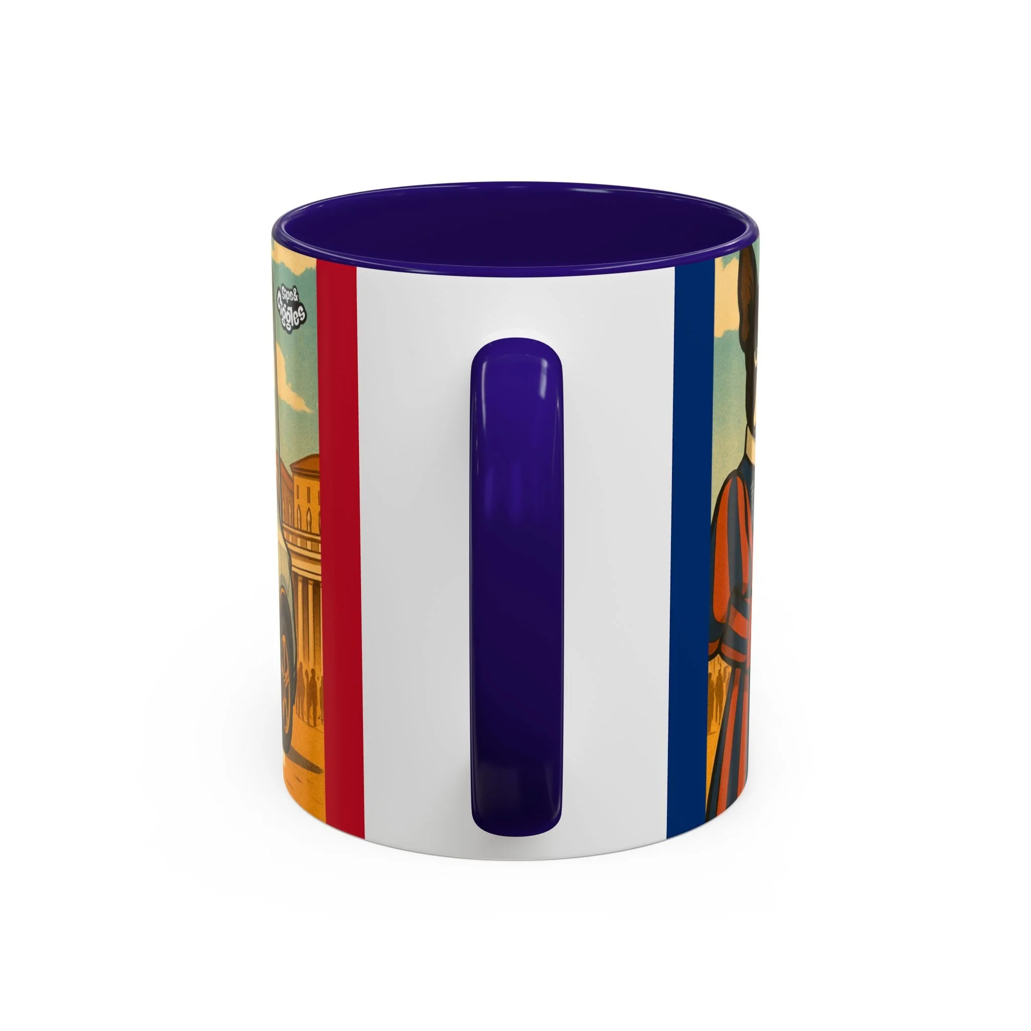 Side view of Mustang ceramic mug showcasing the dark blue handle and colorful racing stripes—satirical gift for automotive enthusiasts.