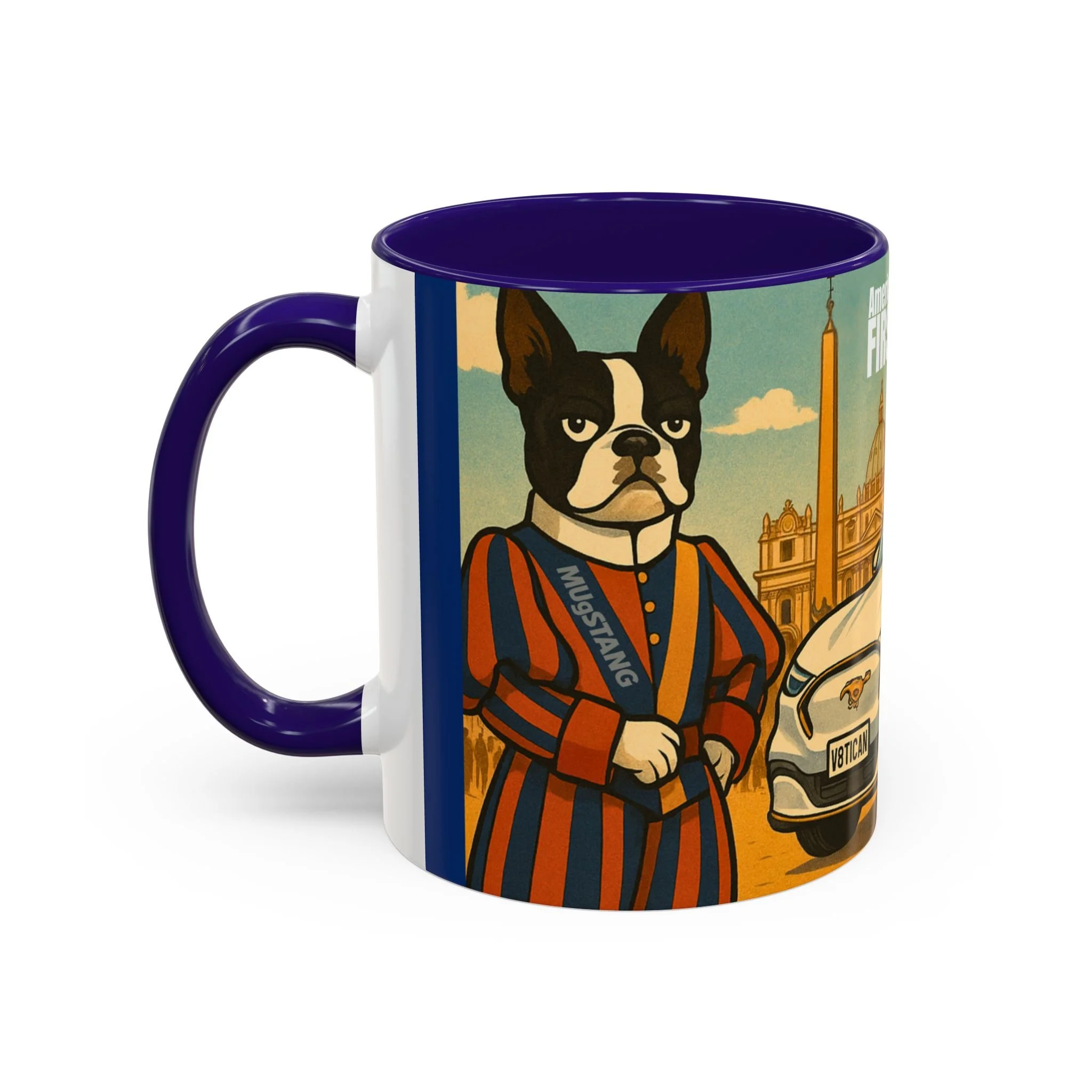 Ceramic Mustang mug depicting humorous illustration of Swiss Guard terrier—unique satirical tribute to automotive and cultural humor.