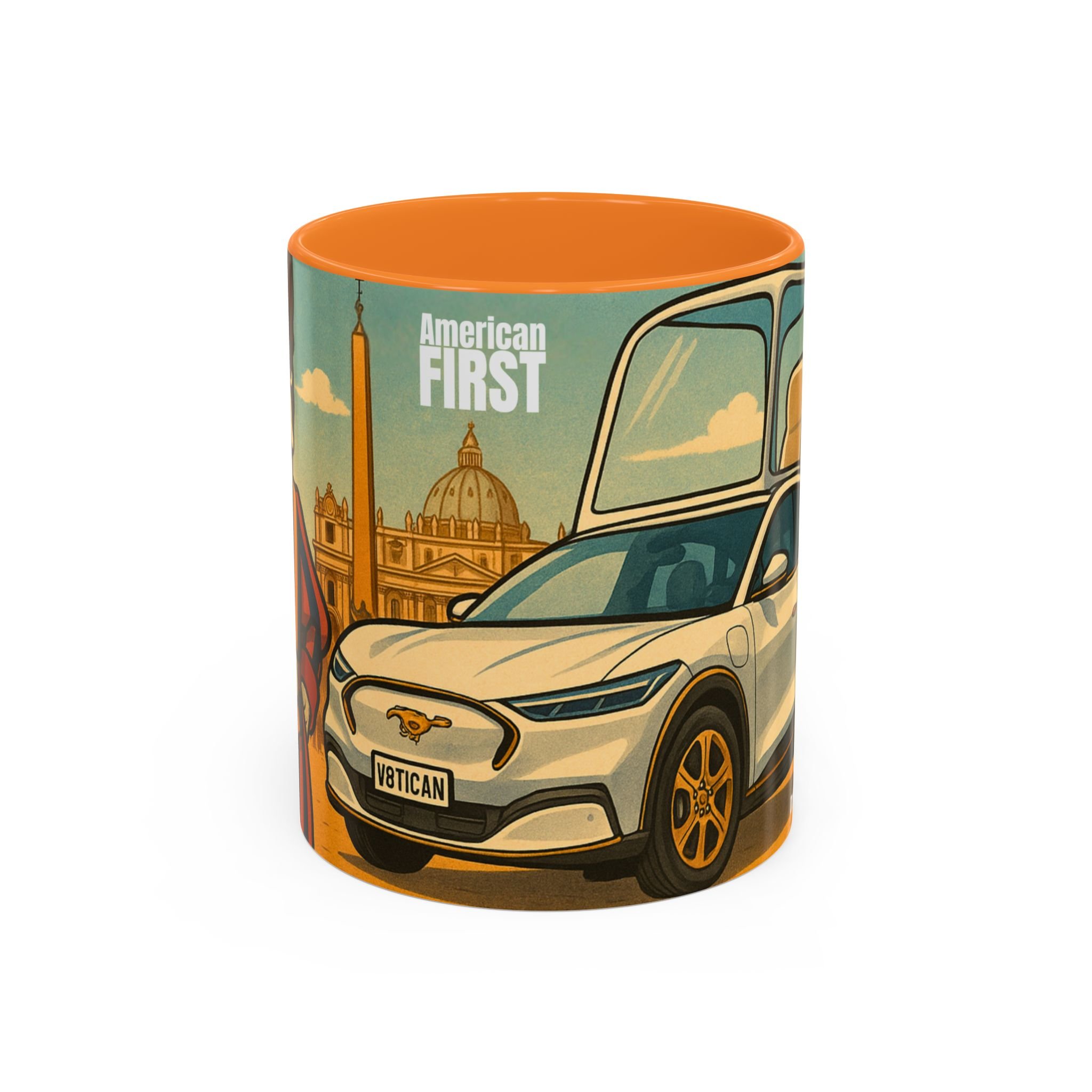 Front view of American First Mustang ceramic mug (Golden Yellow) featuring Pope Leo XIV’s electric Mustang Mach-E.