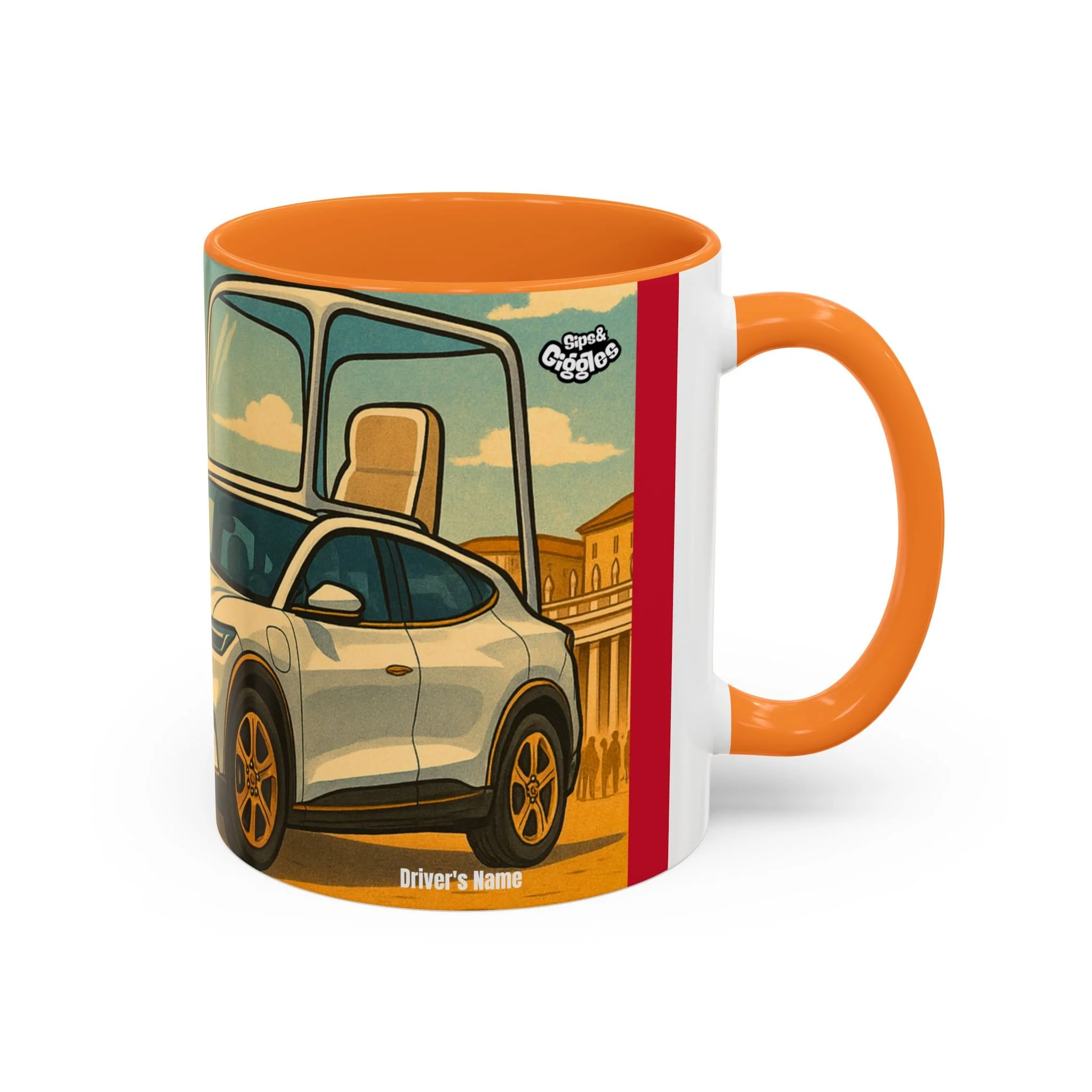 American First Mustang ceramic mug (Golden Yellow) from TWO8 collection, showcasing Pope Leo XIV’s humorous Mach-E V8TICAN illustration.