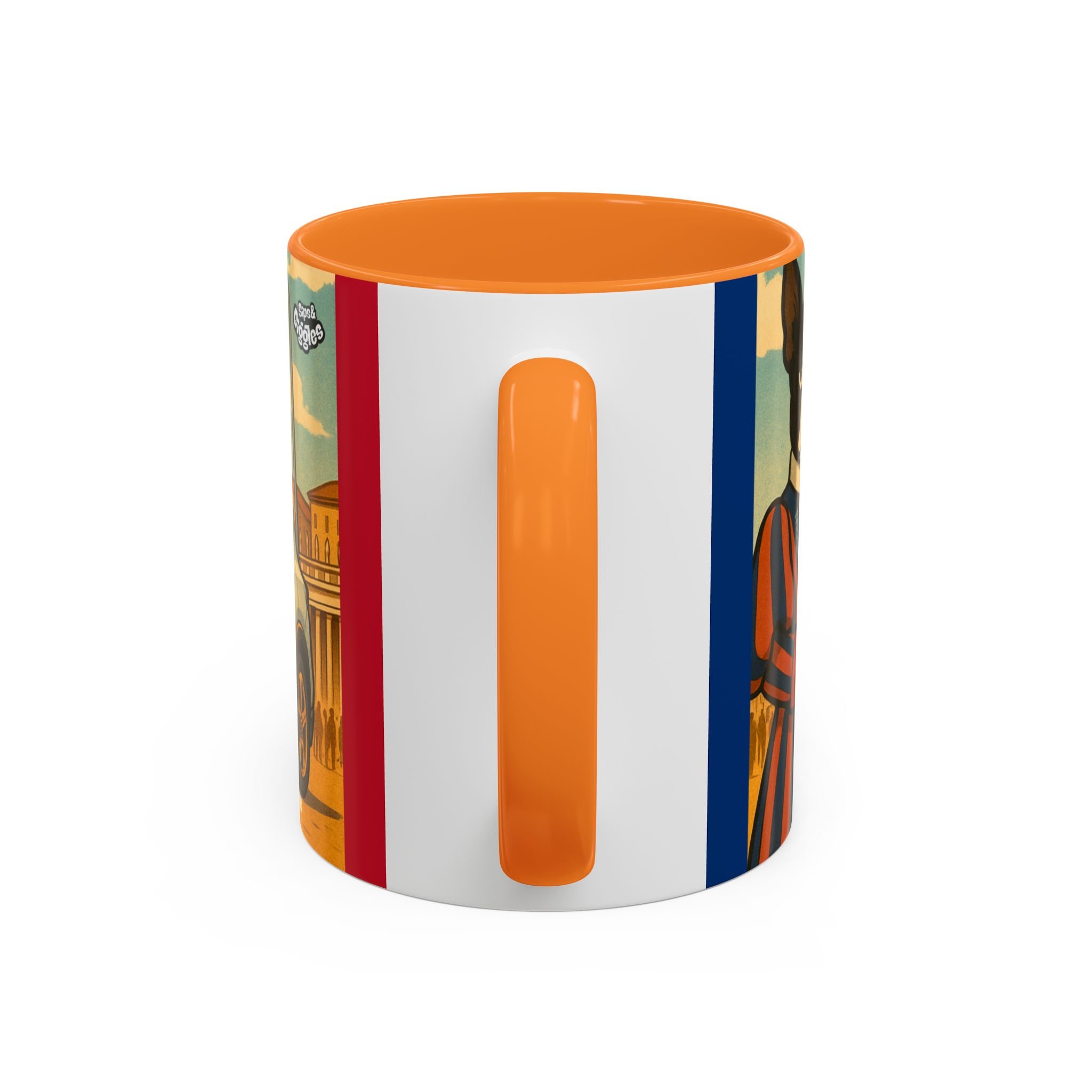 Side view of TWO8 Mustang ceramic mug with Golden Yellow handle and interior, featuring unique racing stripes.