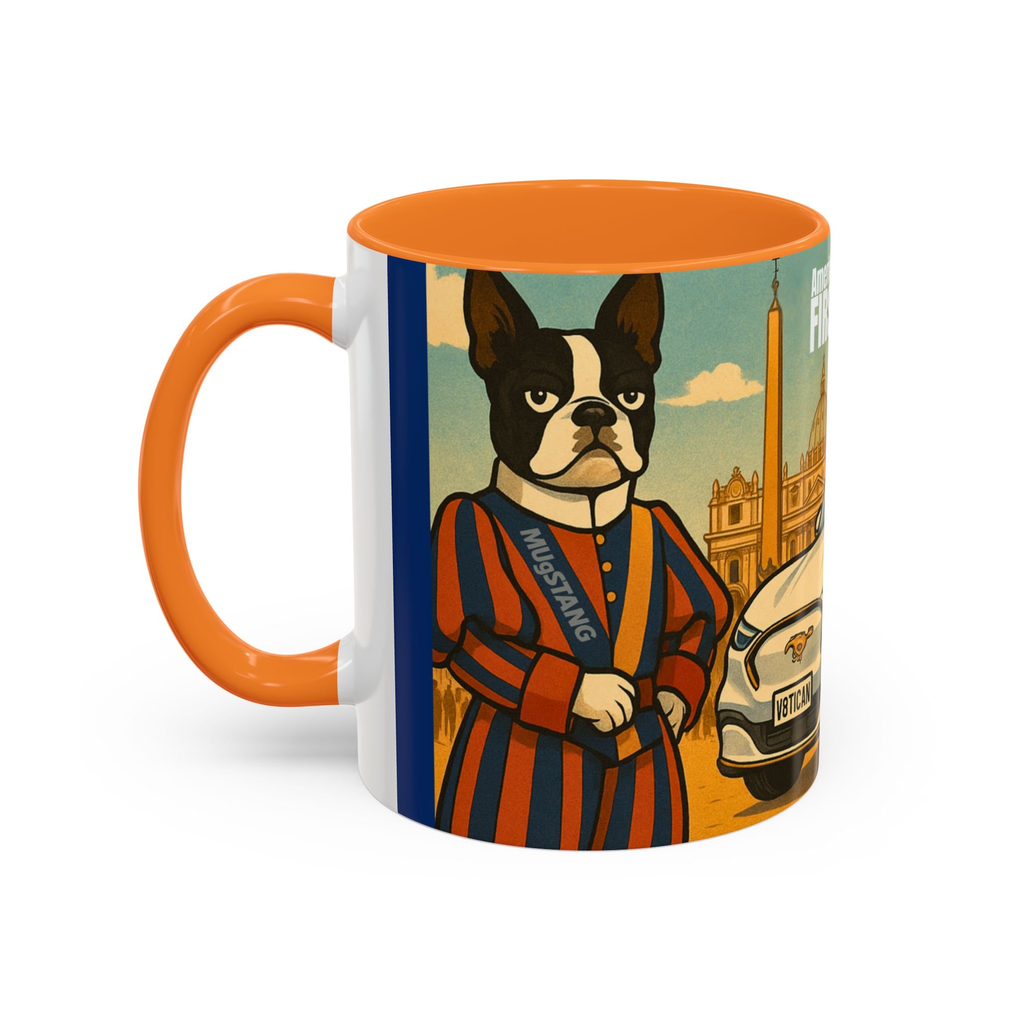 TWO8 Mustang ceramic mug (Golden Yellow) featuring a humorous Swiss Guard terrier illustration—satirical collectible gift.