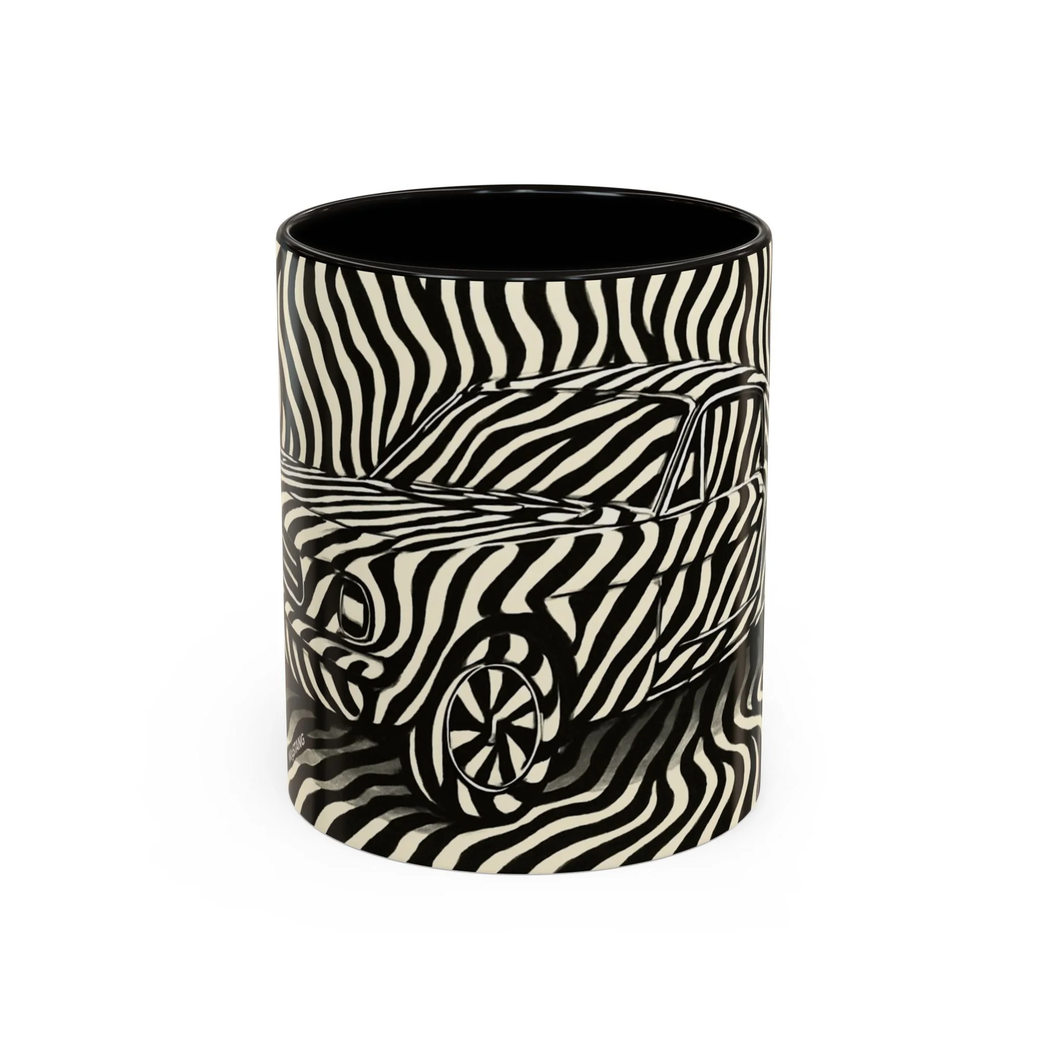 Zebra Code Mustang ceramic mug from MUgSTANG News collection, featuring bold dazzle-camouflage tribute to Mustang test drivers.