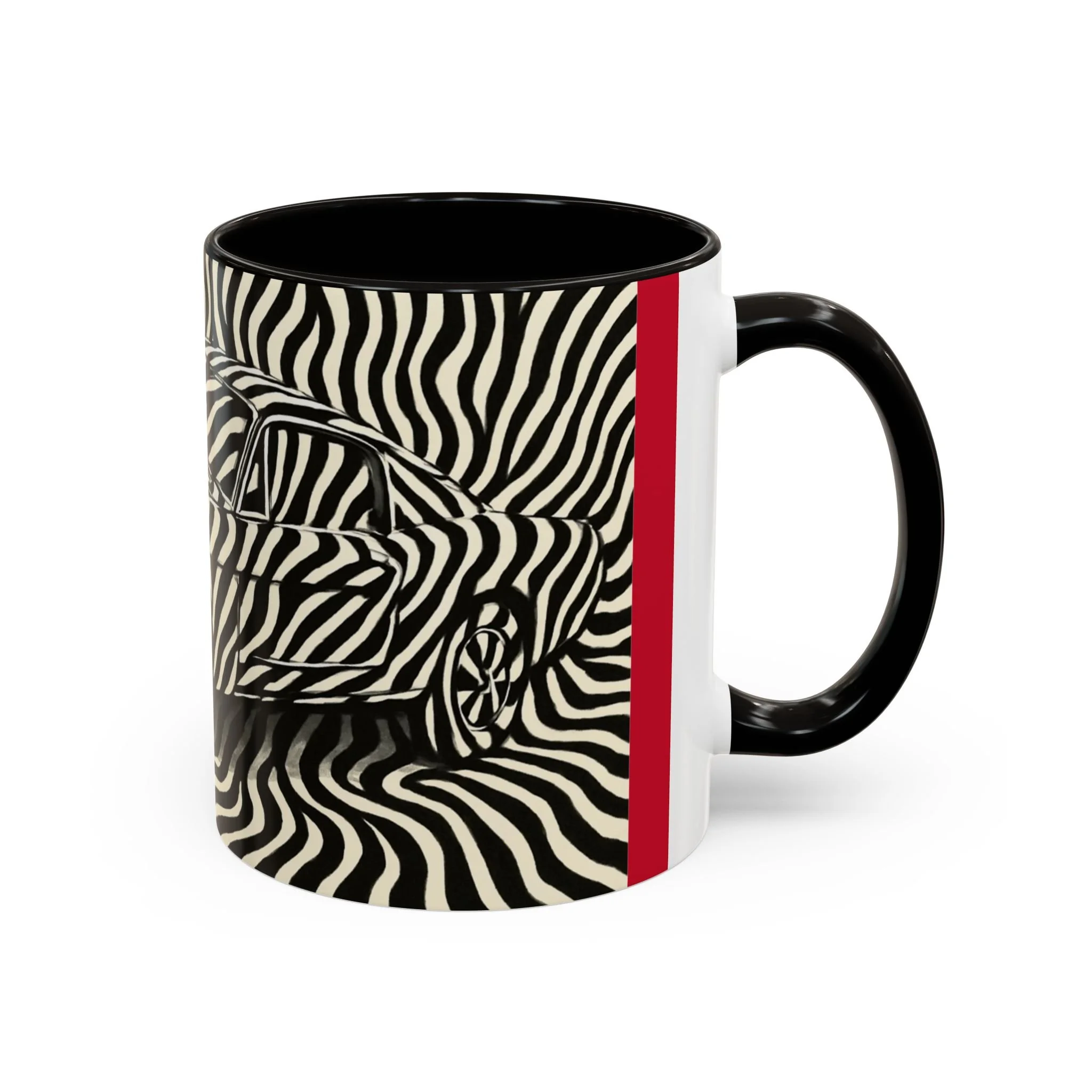 Right-side view of Zebra Code Mustang ceramic mug, featuring striking black-and-white automotive camouflage pattern.