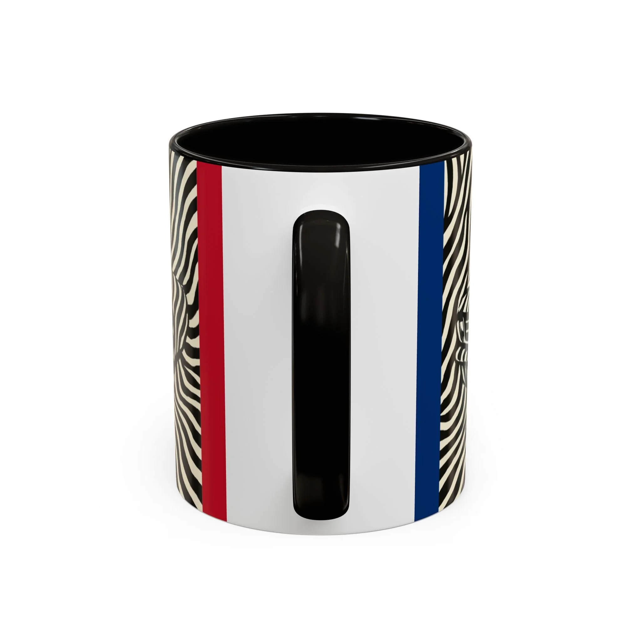 Side view of Zebra Code Mustang ceramic mug, featuring black handle and classic racing stripes, perfect automotive gift.