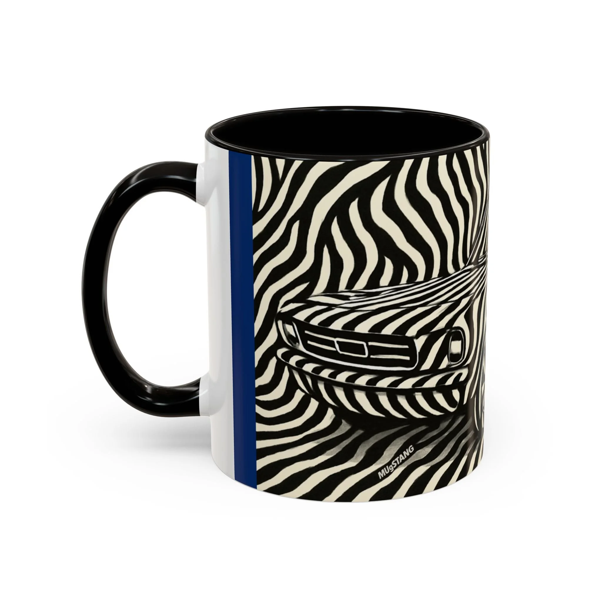 Left-side view of Zebra Code Mustang ceramic mug, featuring striking black-and-white automotive camouflage pattern.