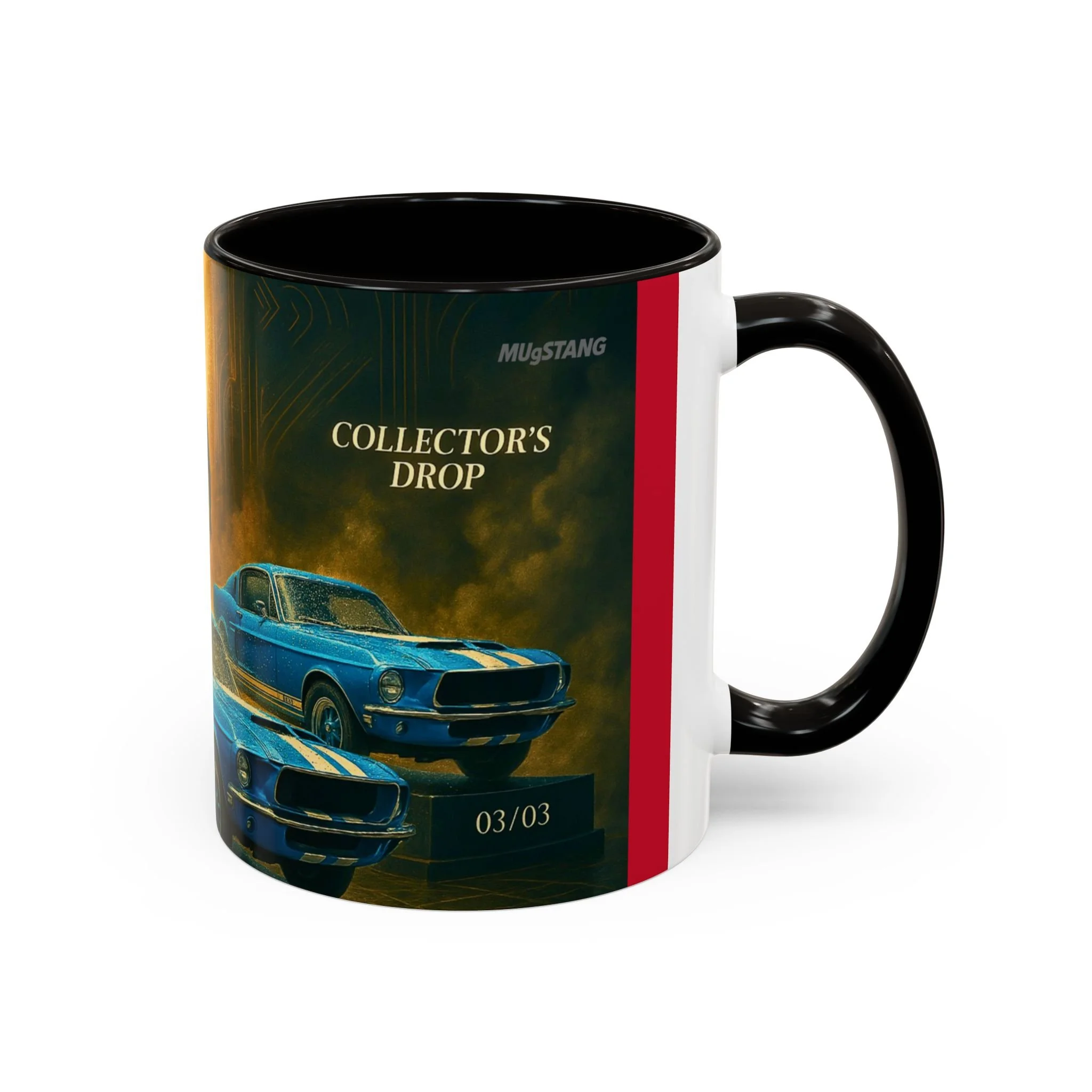 Dan Gurney silhouette spraying champagne over Shelby GT350 lineup – collector mug for racing historians and gearheads.