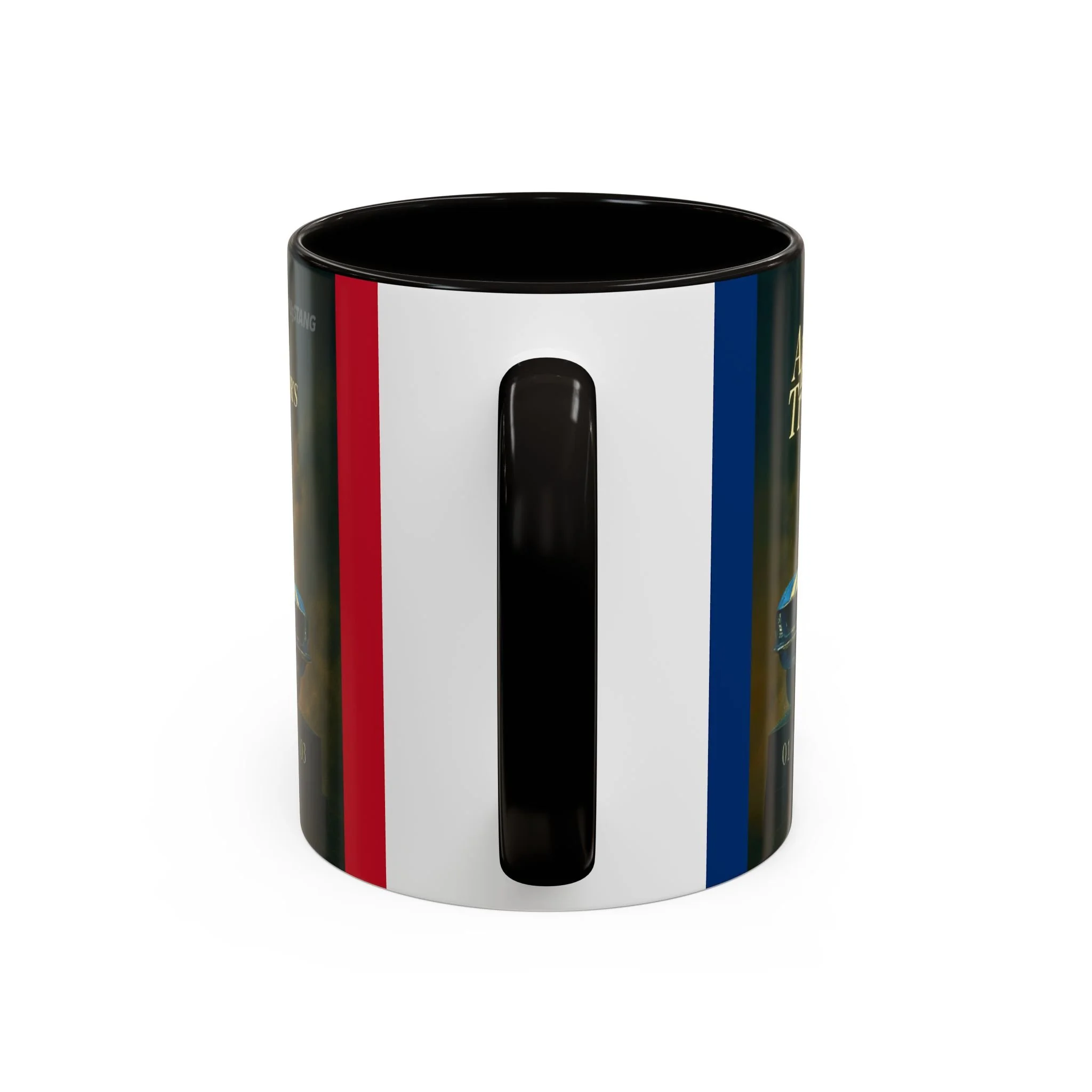 Back view of Apex Trinity Mug with exclusive MUgSTANG red & blue stripes and black heritage handle – made for automotive archivists.