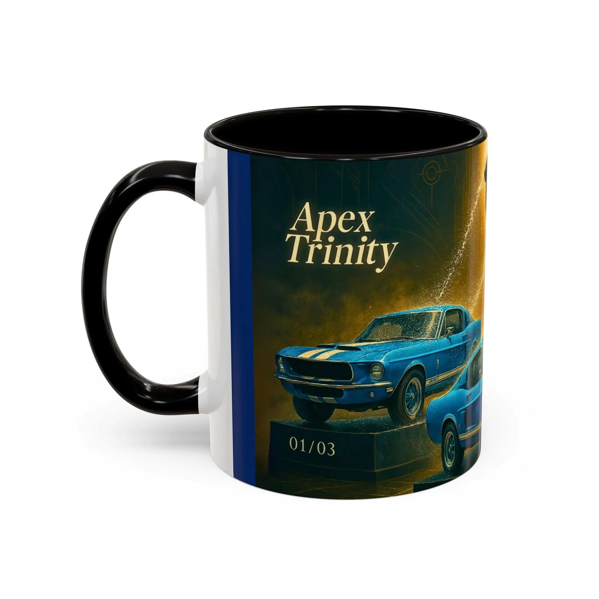 Side view of Apex Trinity Mustang mug showing rare GT350 trio – a visual ode to racing’s rarest legend.