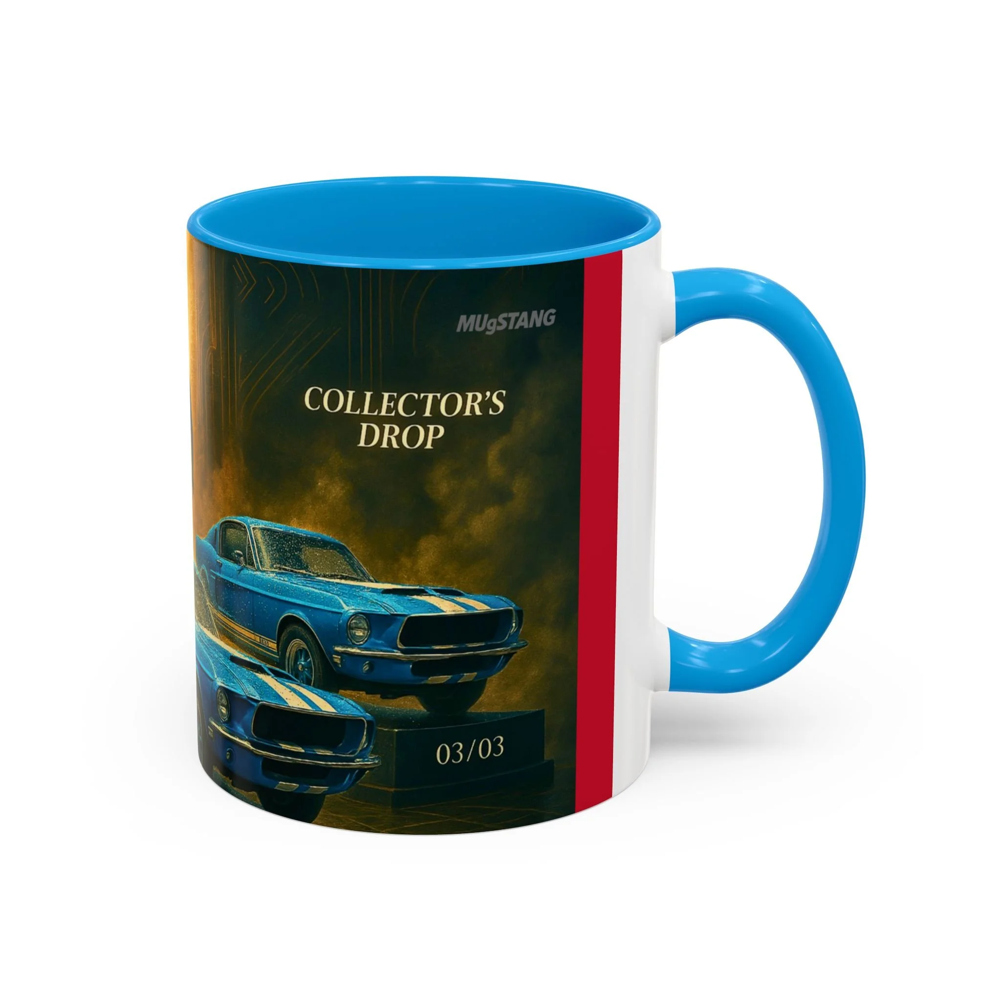 Dan Gurney silhouette spraying champagne over Shelby GT350 lineup – collector mug for racing historians and gearheads.