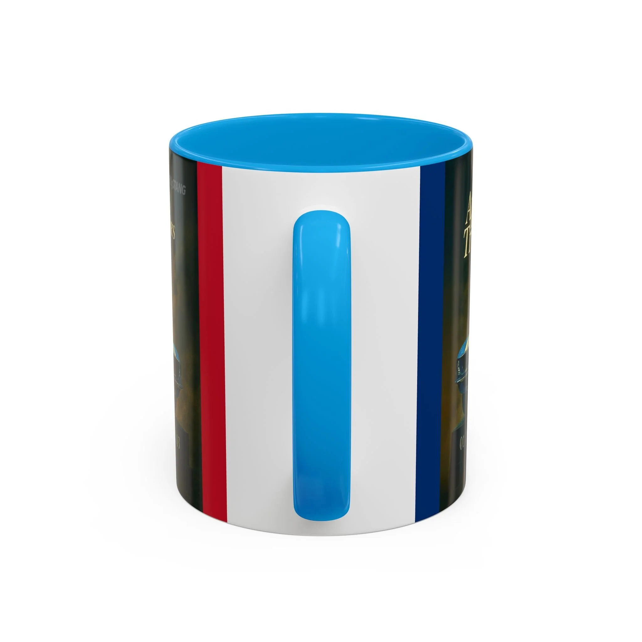 Back view of Apex Trinity Mug with exclusive MUgSTANG red & blue stripes and blue heritage handle – made for automotive archivists.