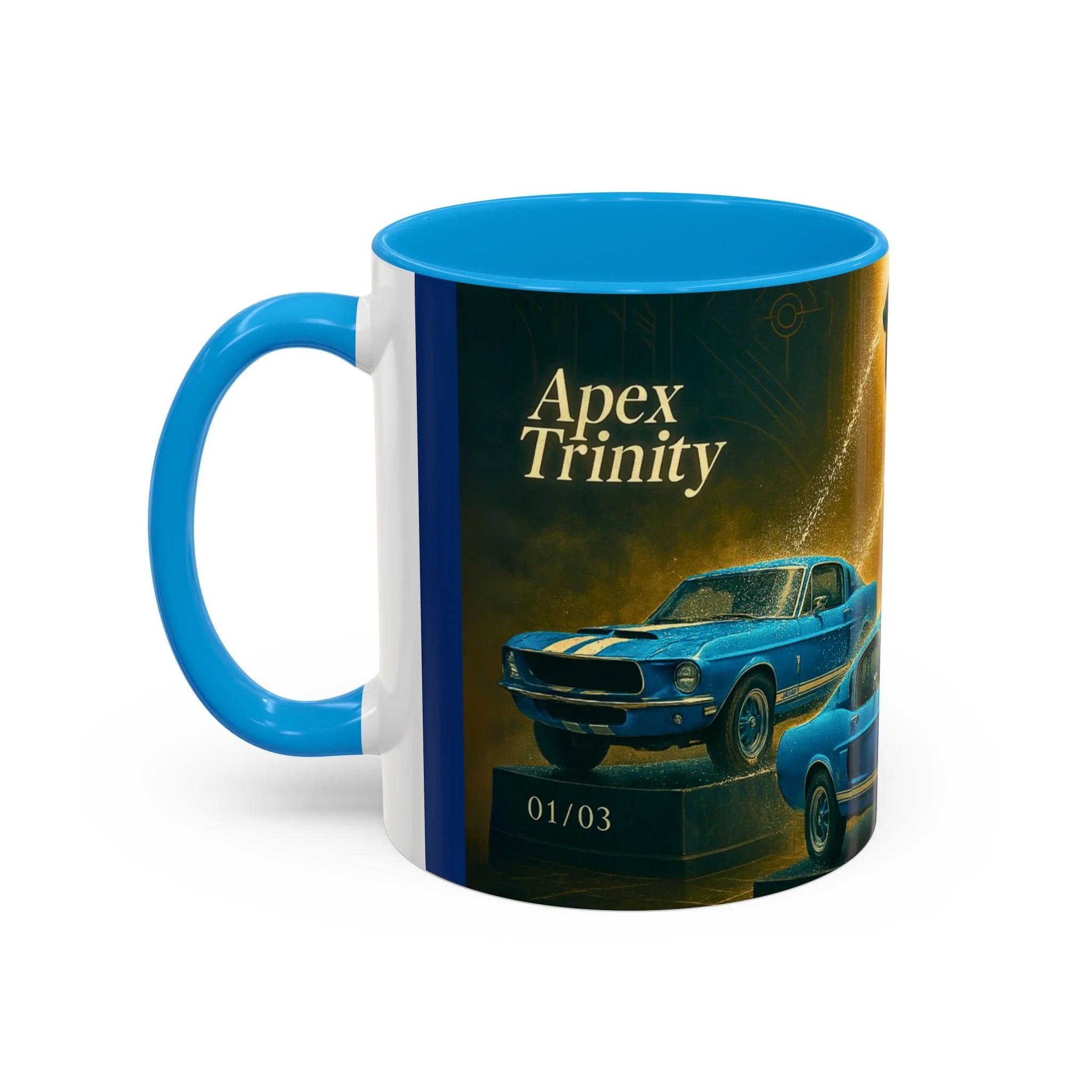 Side view of Apex Trinity Mustang mug showing rare GT350 trio – a visual ode to racing’s rarest legend.