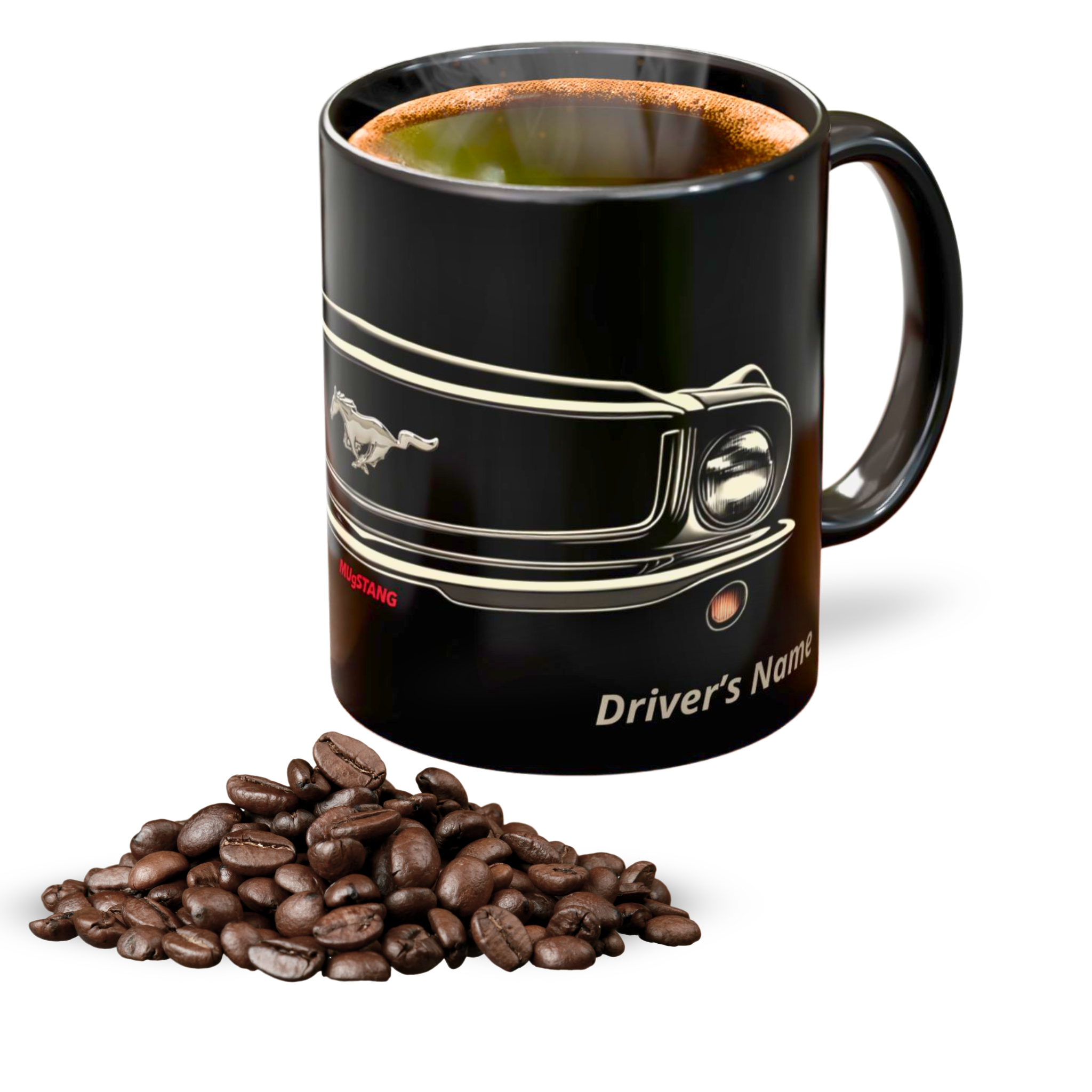 Enjoy every brew with MUgSTANG Drive mug, Genesis 1967 Mustang, personalized black edition, car enthusiast coffee gift.