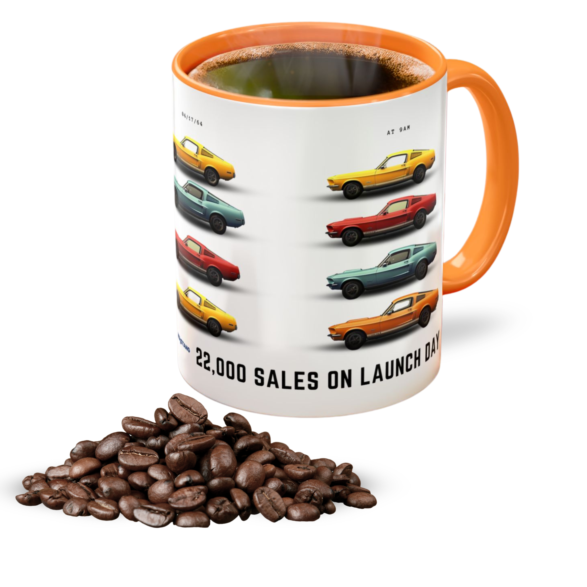 Product-in-use shot of the 22k Launch Day Mug filled with hot coffee, with roasted beans in foreground for an aromatic feel.