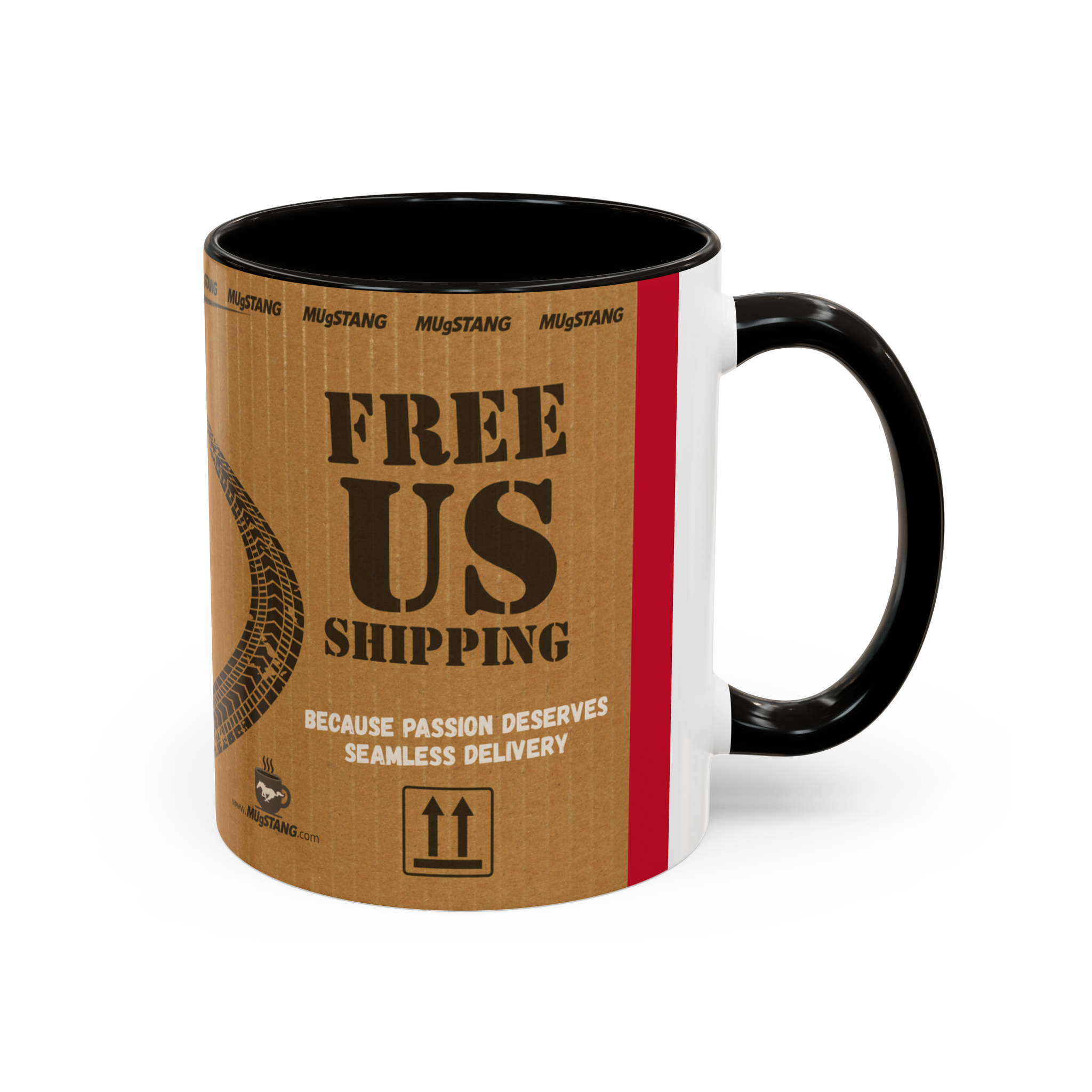 MUgSTANG promotional Mustang mug image, cardboard-style, highlighting Free US Shipping benefit for seamless delivery.
