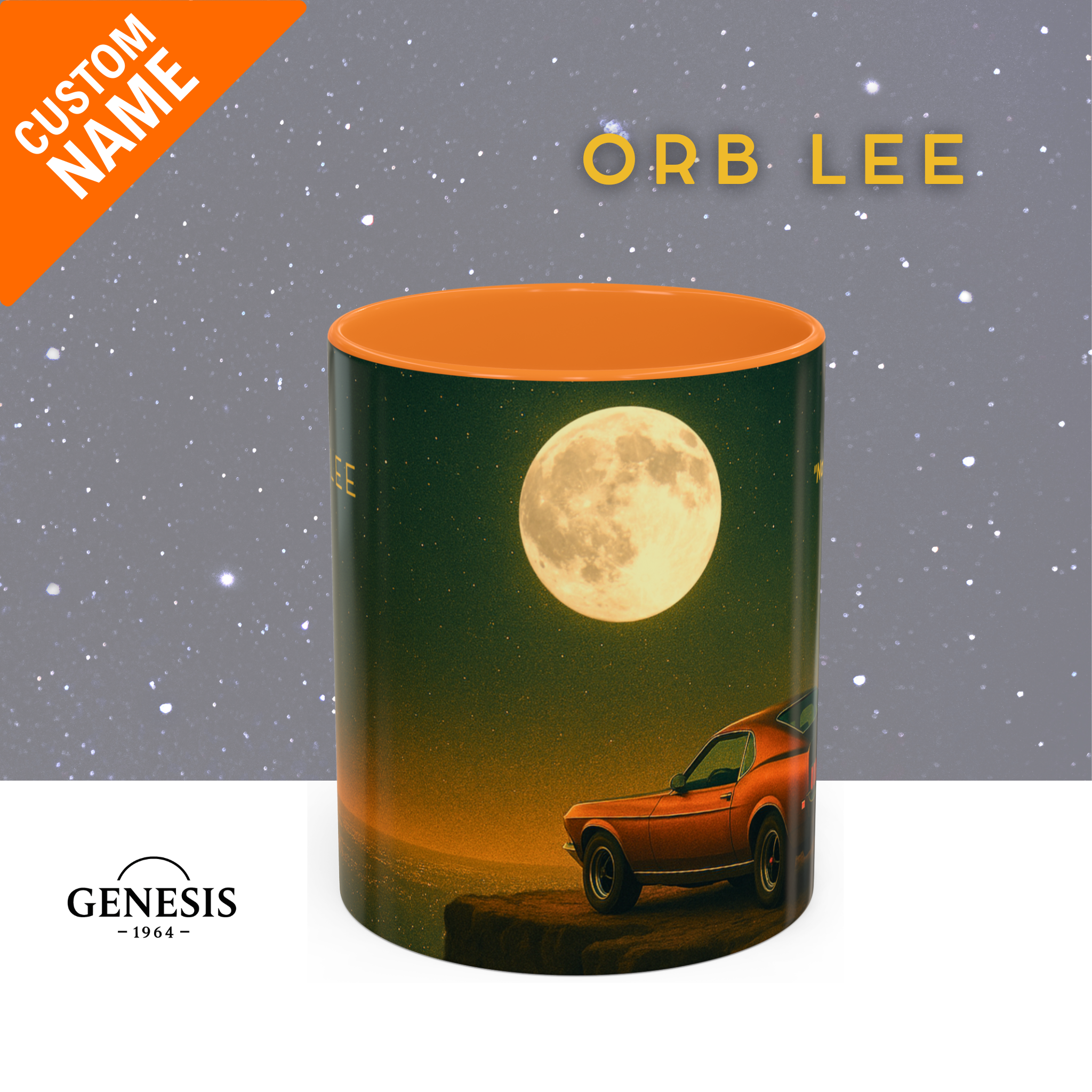 Moonlit drive on MUgSTANG Genesis mug, orange interior, Orb Lee Mustang silhouette under a starry sky, customizable for dreamers and night riders.