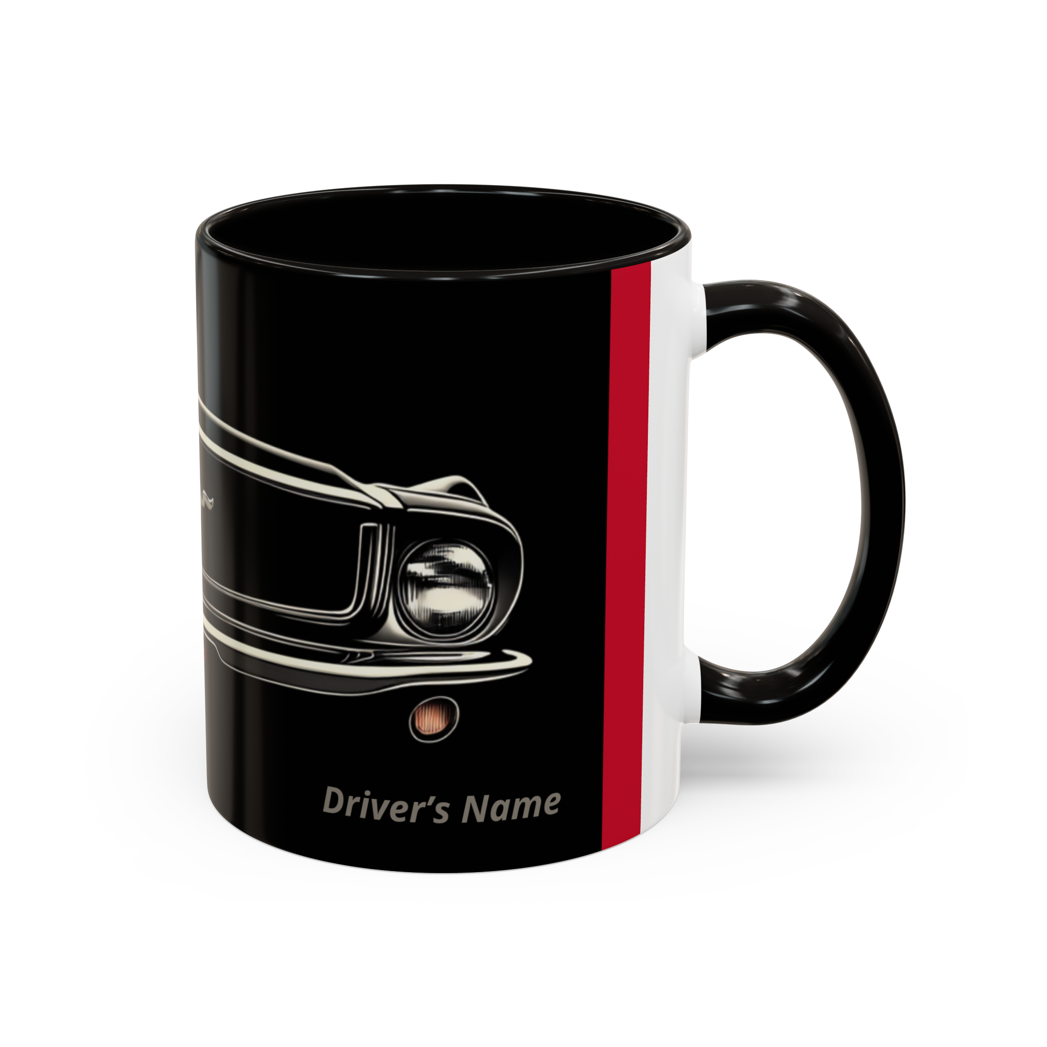 Add your name to MUgSTANG Drive mug, Genesis 1967 Mustang, personalized gearhead gift with bold front-right look.