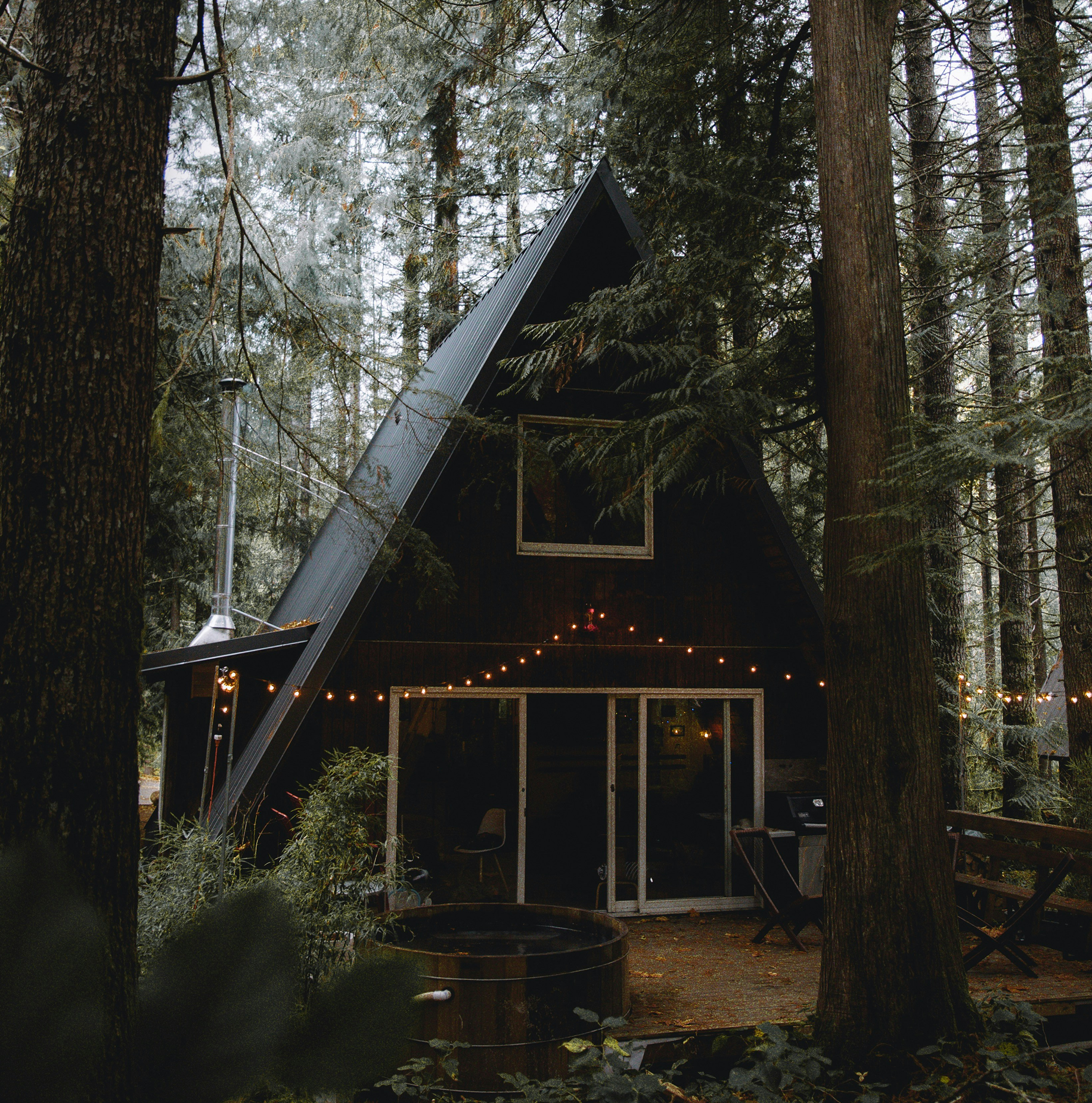 Cabane en bois noire avec un toit en A, entourée d'arbres dans une forêt, décorée de guirlandes lumineuses.