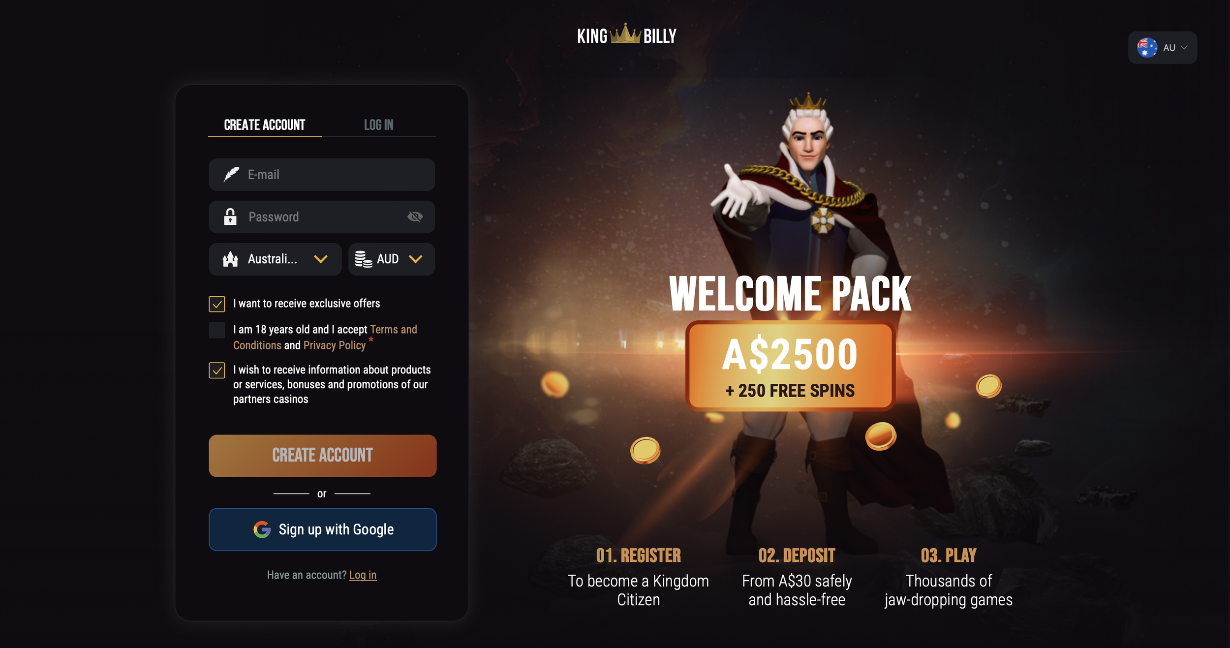 King Billy Casino Homepage welcome bonus