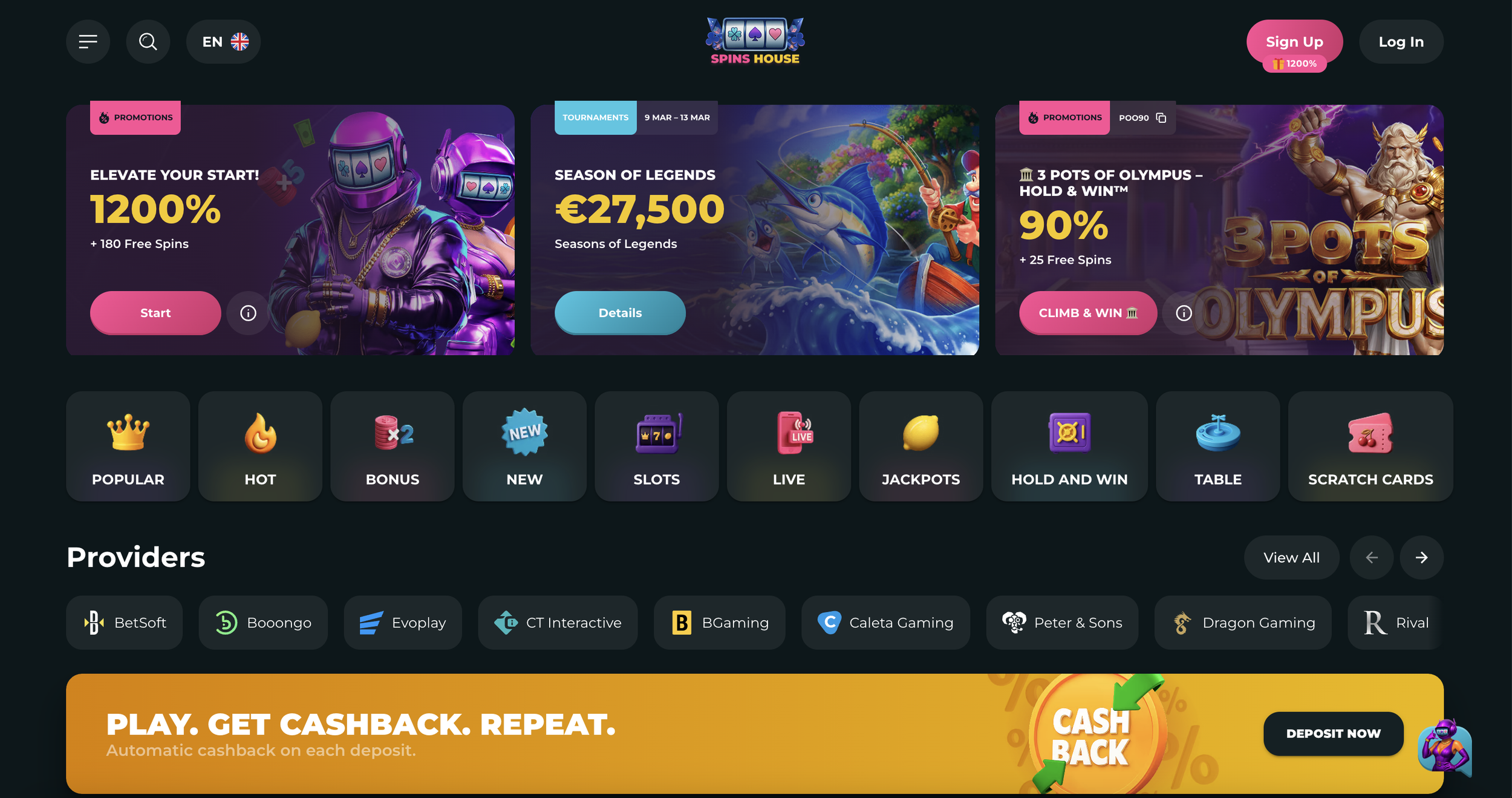Spins House Casino Homepage welcome bonus