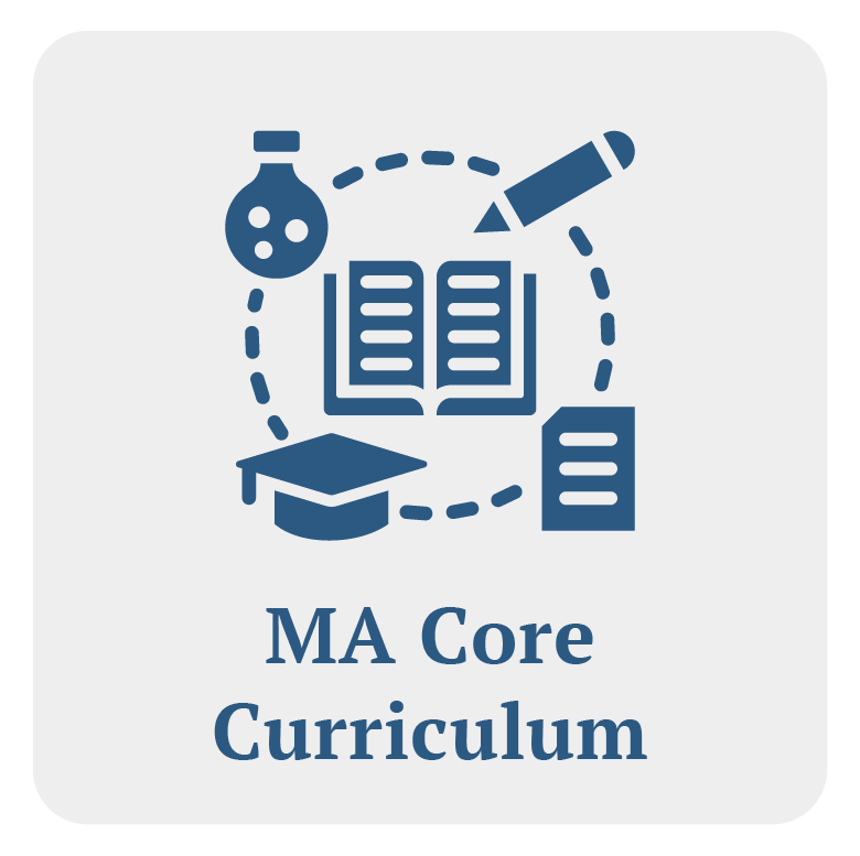 Icon of a beaker, open book, graduation cap, pencil, and a file folder, with the text "MA Core Curriculum" below.