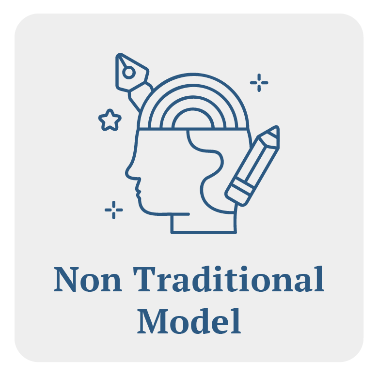 Line drawing of a side profile of a human head with a rainbow, a pencil, a paintbrush, and stars around it, with the text "Non Traditional Model" below.