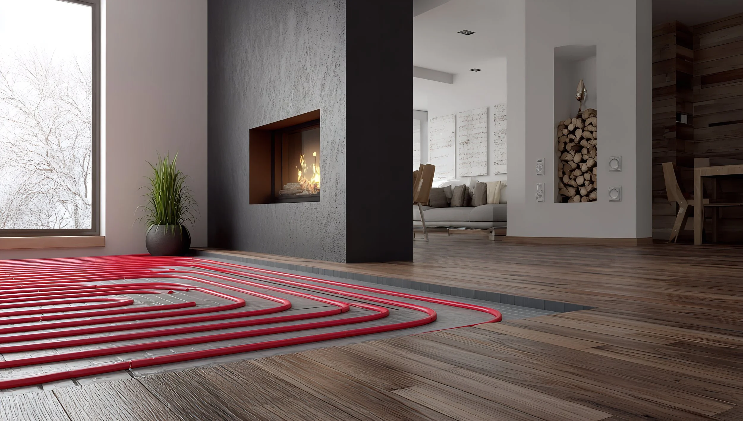 Interior of a modern home with a radiant floor heating system installed on a wooden floor, a large window with snow-covered trees outside, a black fireplace within a textured wall, and a cozy living room with a sofa and decorative elements in the background.