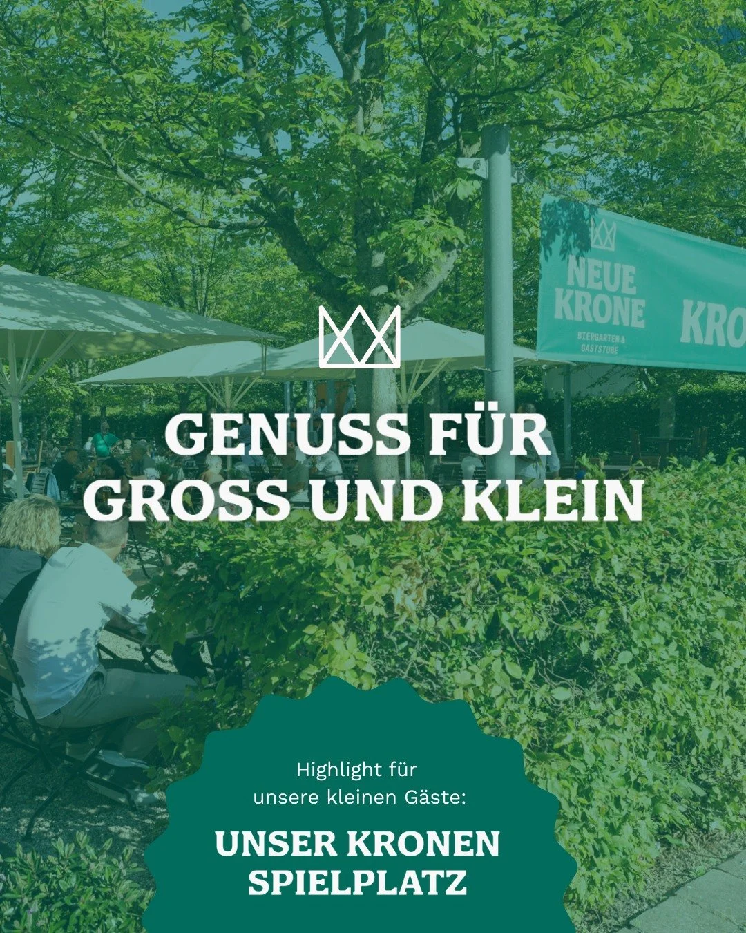 Genie&szlig;en, entspannen und die Kleinen spielen lassen. 🌳

In unserem Kronengarten wartet ein sch&ouml;ner Spielplatz auf die Kleinen, w&auml;hrend ihr in Ruhe schw&auml;bisches Essen und regionale Spezialit&auml;ten genie&szlig;en k&ouml;nnt.

E