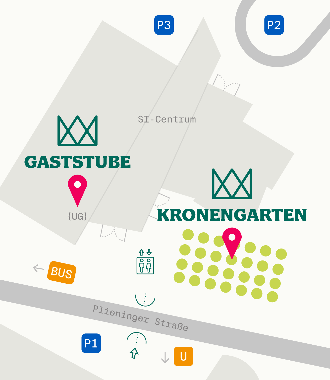 Lageplan des Gebäudes mit den Bereichen Gaststube und Königgarten, Parkplätze P1, P2, P3, Bushaltestelle, Aufzugsymbol, Hinweis auf Pieninger Straße.