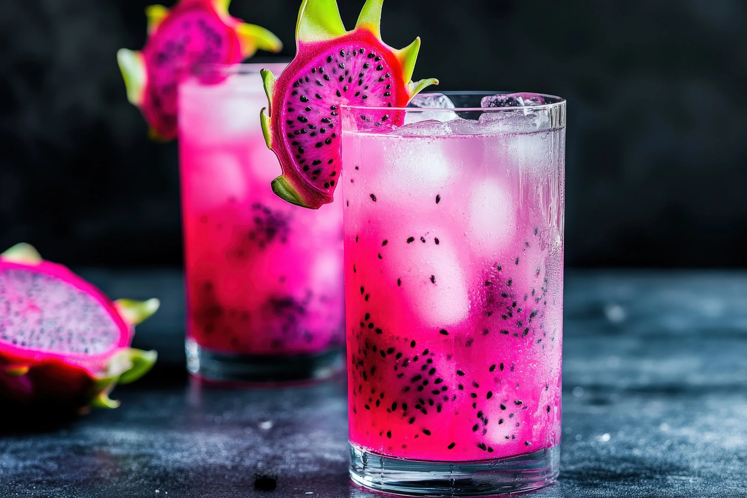 Two glasses of pink dragon fruit beverage with ice, garnished with sliced dragon fruit, on a dark surface against a dark background.