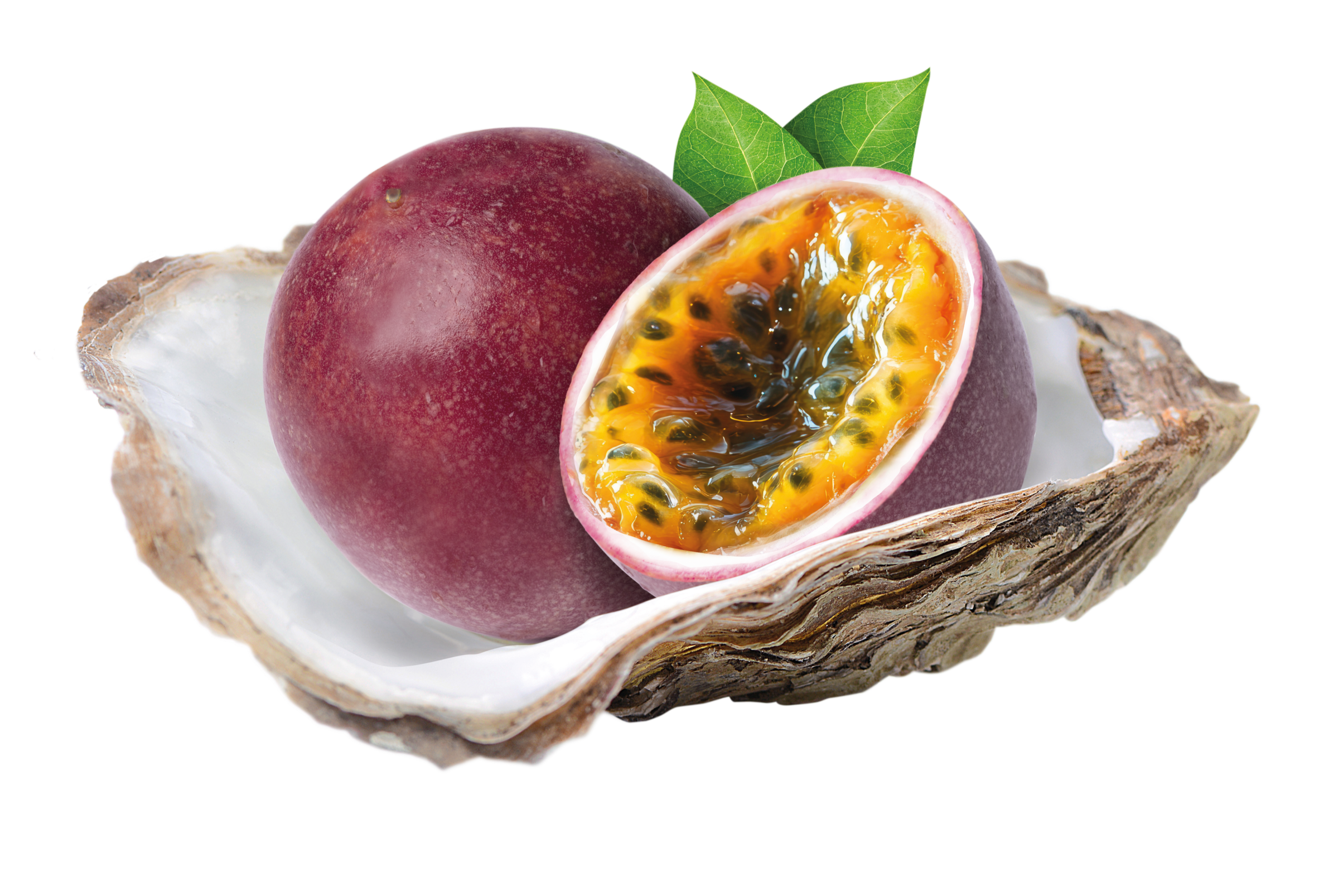A whole purple passion fruit, a halved passion fruit displaying yellow pulp and black seeds, and a shell serving as a dish, with green leaves in the background.